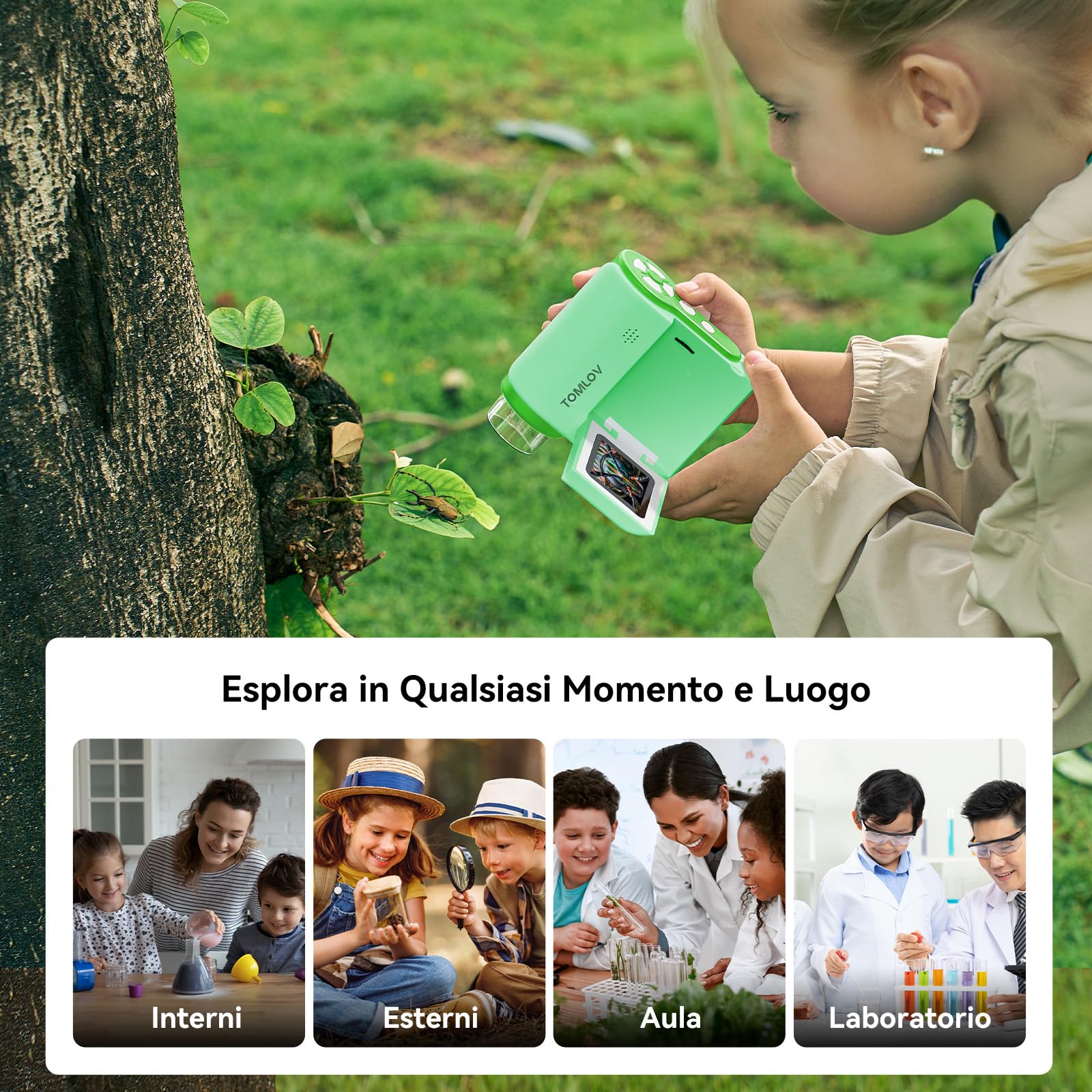 TOMLOV P20 Microscopio Digitale Portatile, Miniscopio 3-in-1 per Bambini, Telecamera DV 1080P con Schermo LCD da 2", Compatibile con PC, 4 Ore di Autonomia, 6 Luci LED, 6 Vetrini, 32GB (Verde)