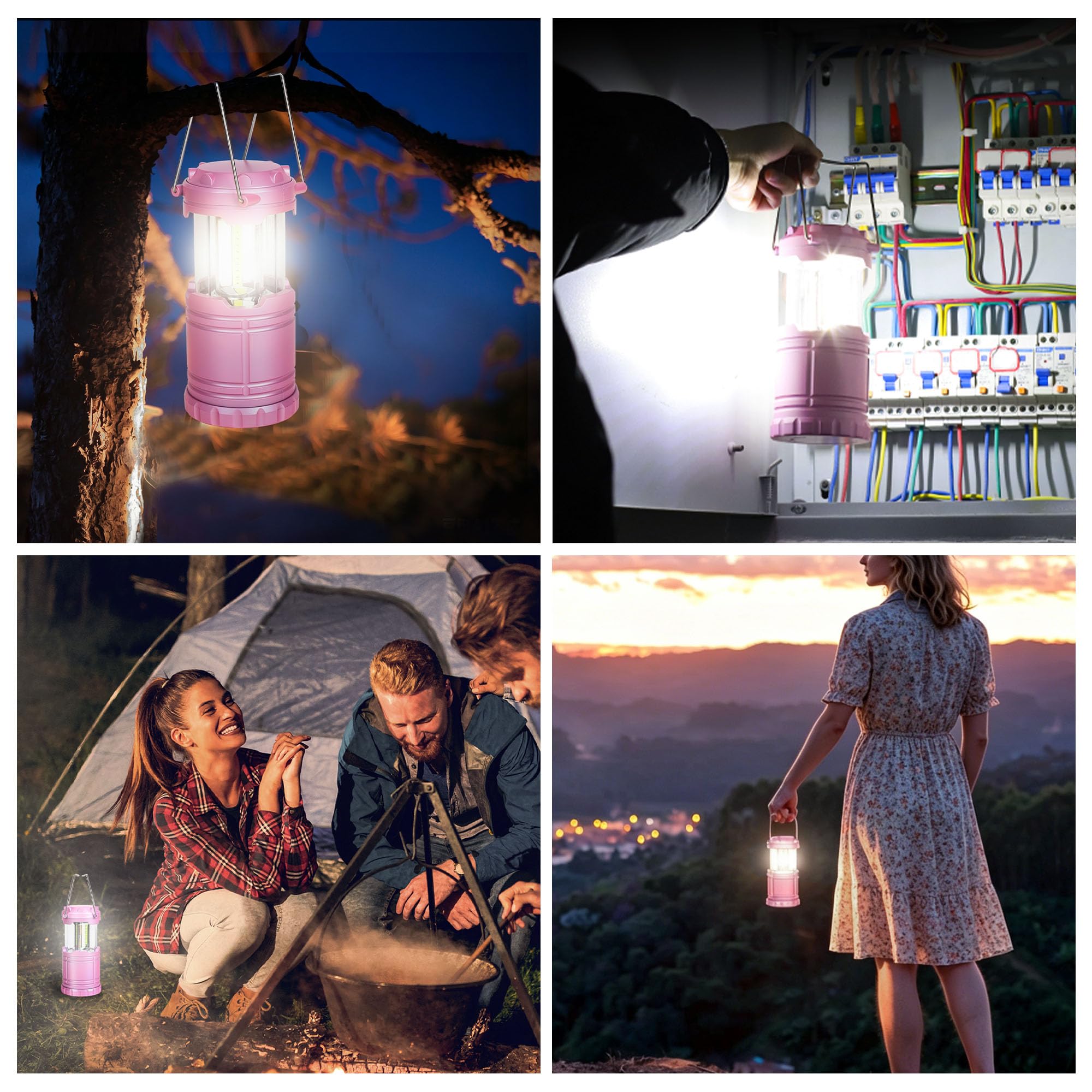 Linterna LED rosa para camping, luces de emergencia esenciales para cortes de energía, senderismo, huracán