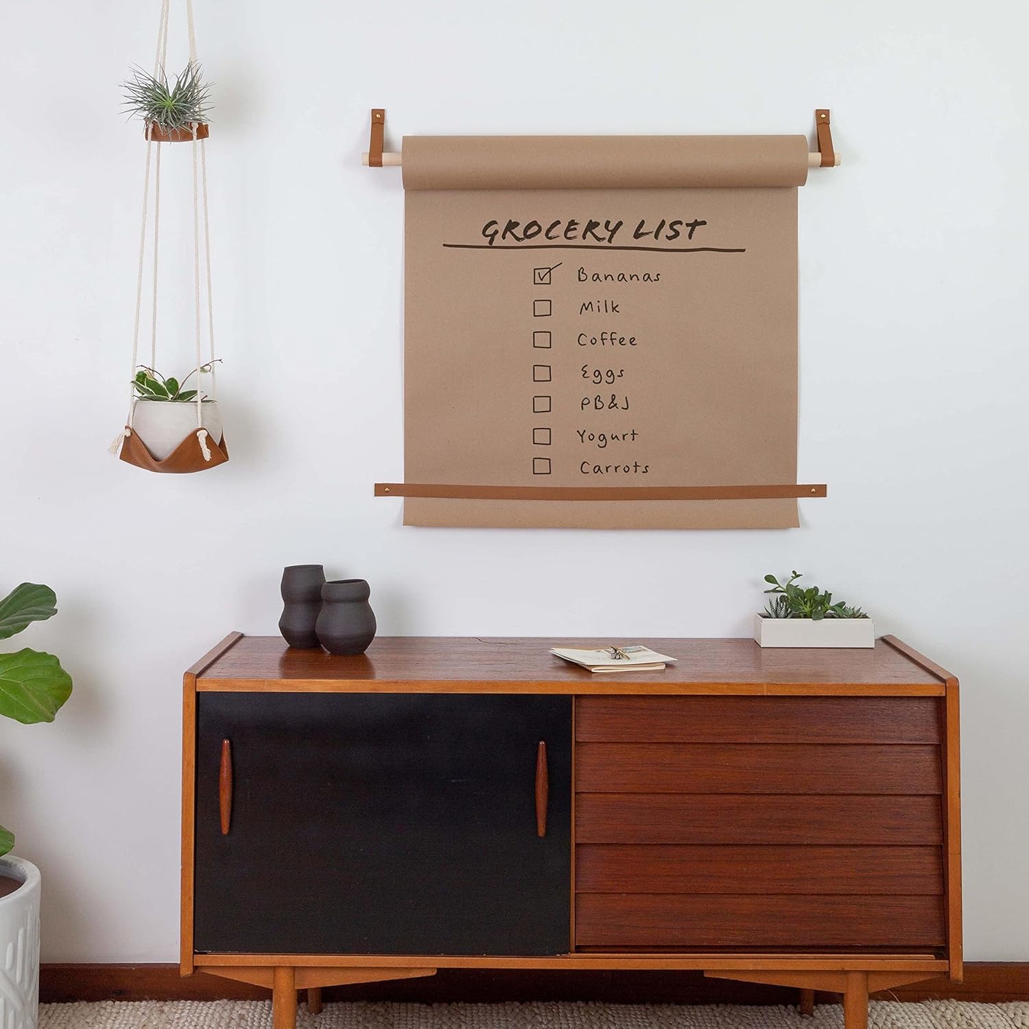 KEYAIIRA - Changeable Cafe Restaurant Menu Display Announcement Board Wall Hung Brown Butcher Paper menu Board roll Dispenser Leather Hook Strap Hanger