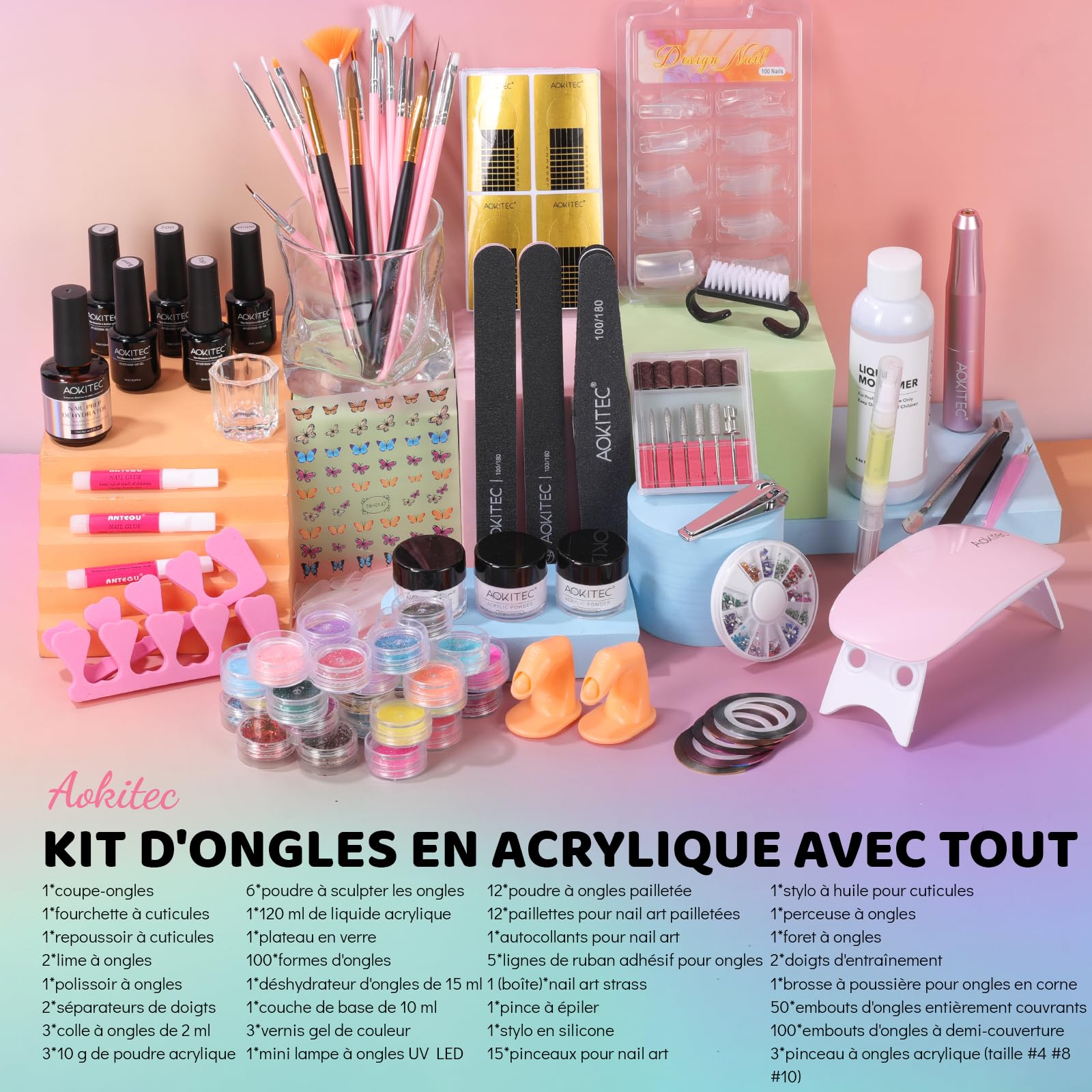 Kit Ongle Gel UV Complet Aokitec, Cadeau pour le Calendrier de l'Avent 2025, Kit Ongles avec Poudre Acrylique pour Ongles, Gel Ongle UV, Lampe UV, Lime a Ongle Electrique, Accessoire Ongle, Nail Art