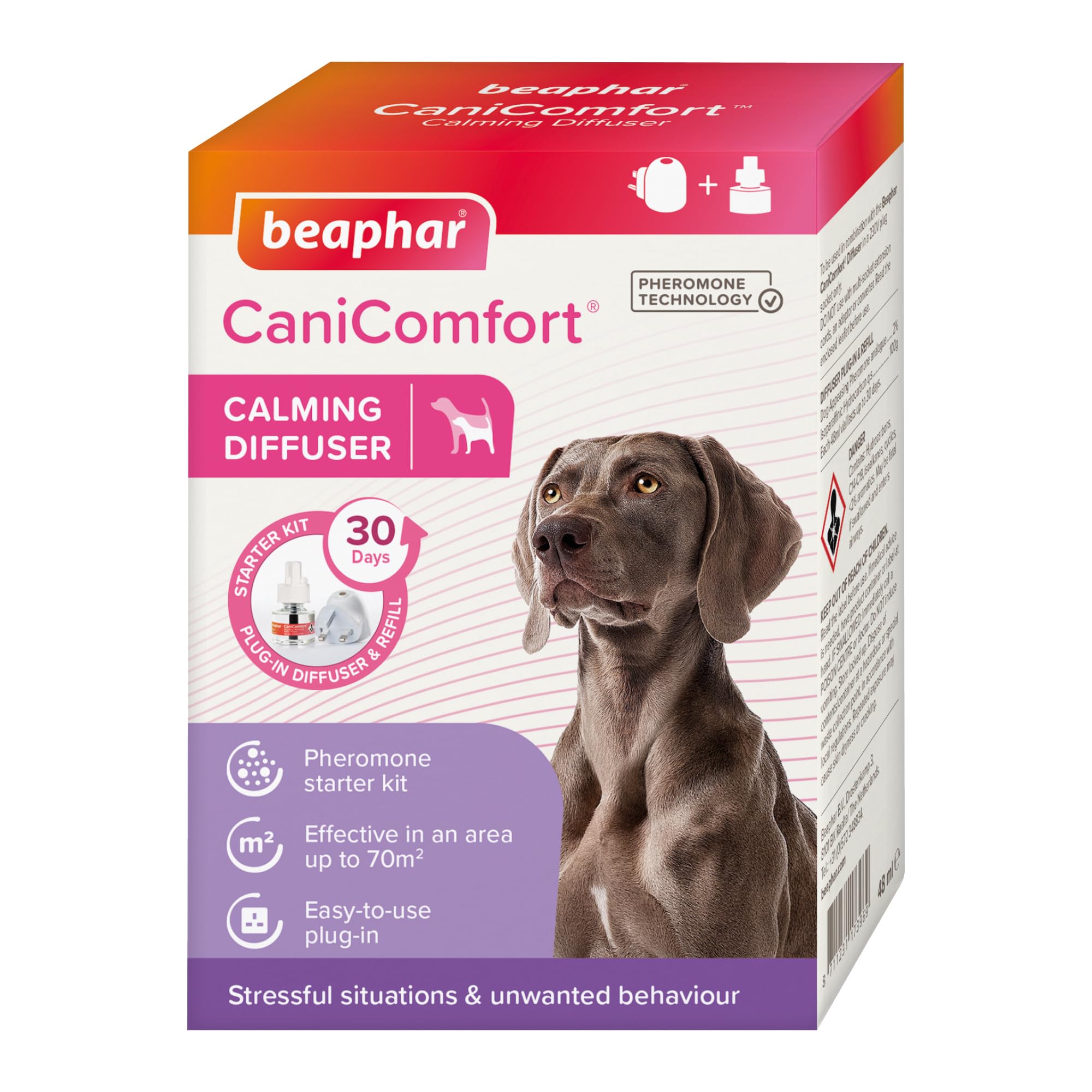 CaniComfort® Calming Starter Kit - Diffuser Plug-in With Refill - Reduces Anxiety & Stress in Dogs - Helps Ease Fear of Fireworks - Covers 70m² Area - Lasts Up To 30 Days