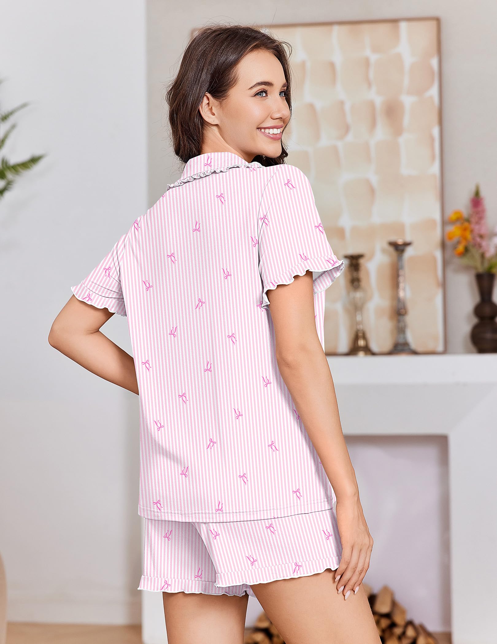 Ekouaer Pajamas for Women Sets Cute Pjs Button Down 2 Piece Short Sleeve Ruffle Lounge Set Sleepwear - 4