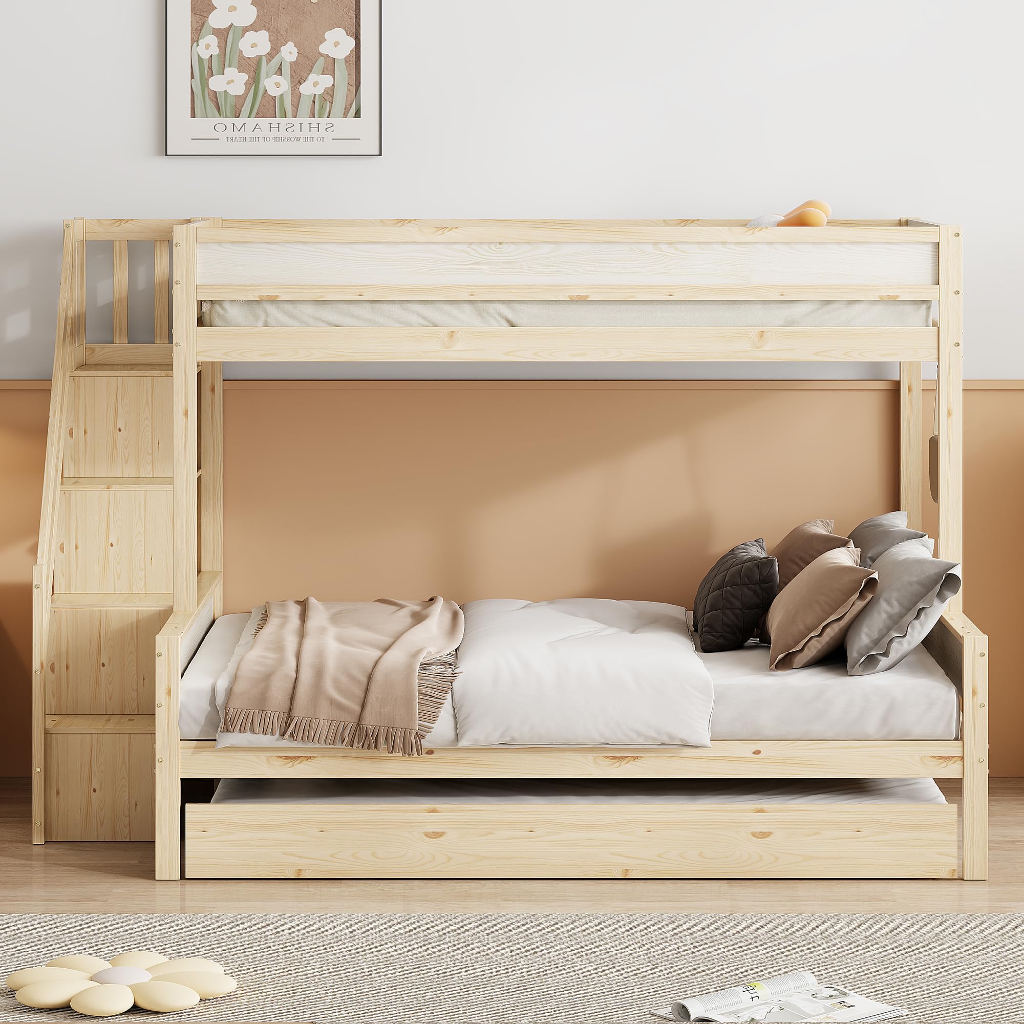 Letto A Castello Con Letto Estraibile - 140x200 Cm, Legno Di Pino, Bianco, Ringhiera Alta E Scale - Foto 8