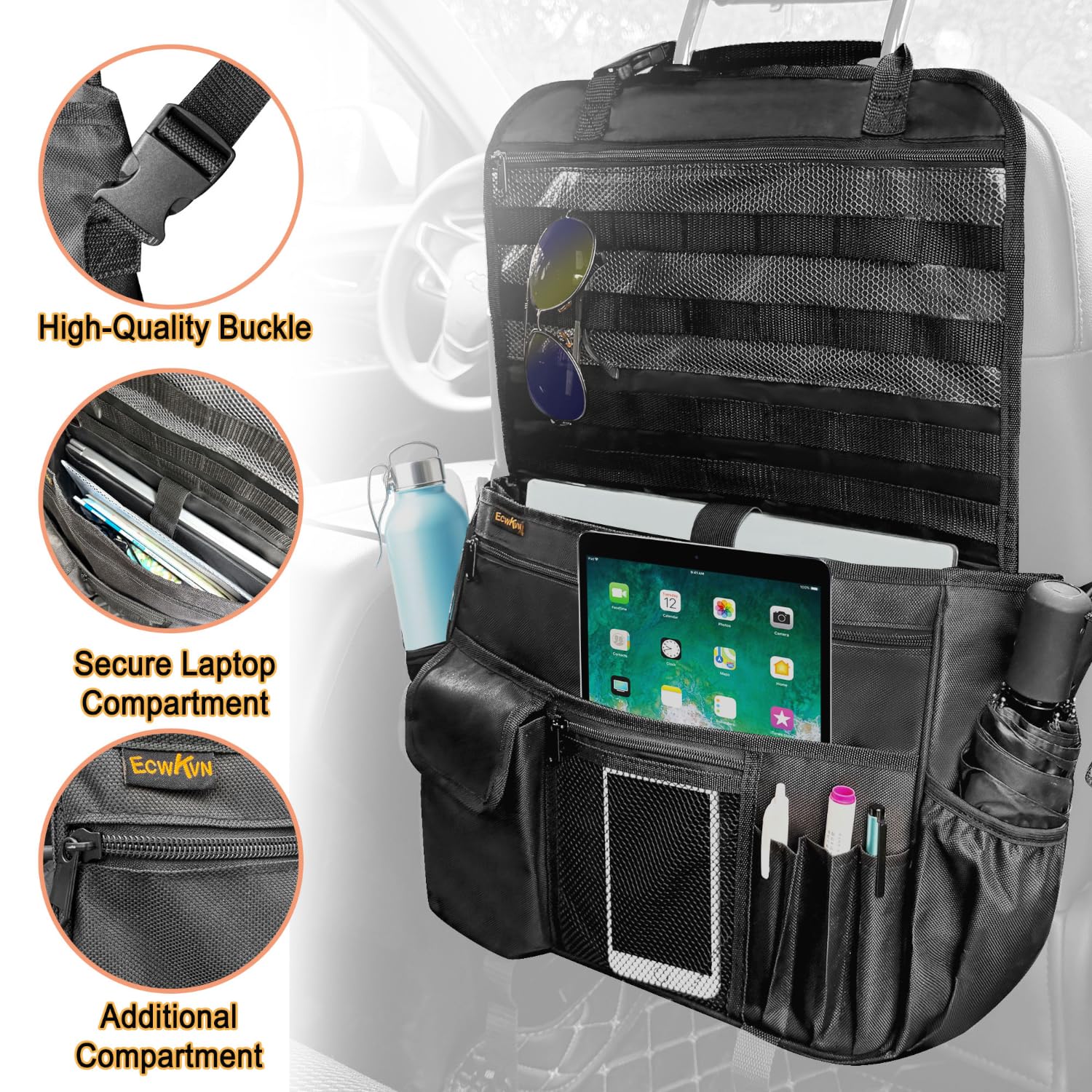 ECWKVN Organizer per auto, organizer per sedile anteriore e sedile posteriore, con tasche multiple per documenti, documenti d'ufficio e oggetti essenziali da viaggio, borsa portaoggetti per auto