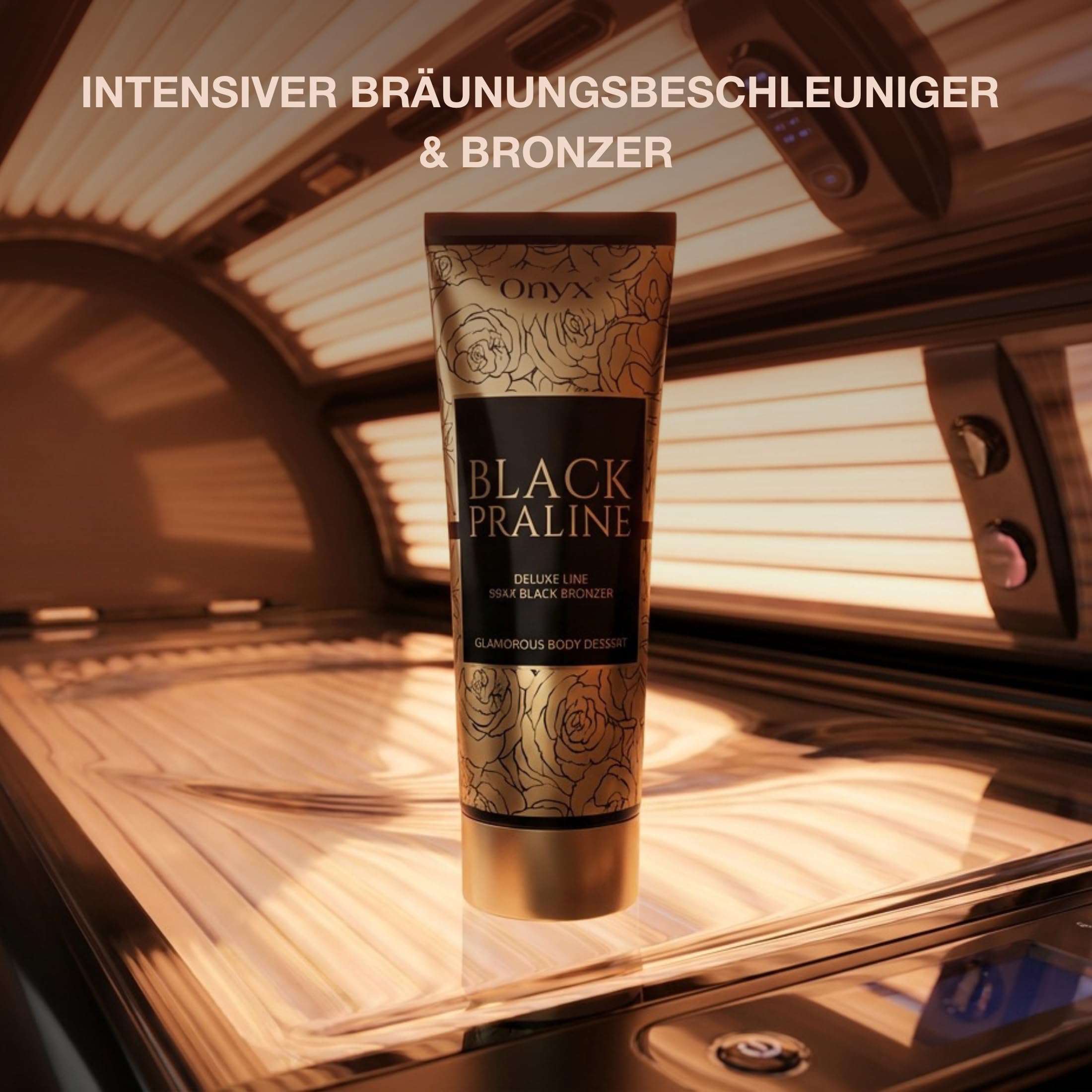 Onyx Black Praline Solarium Bräunungsbeschleuniger mit intensivem Bronzer - Dunkle Sonnenbank Creme für sofortige dunkle Bräune mit Arganöl & Sheabutter tief pflegend | 200 ml