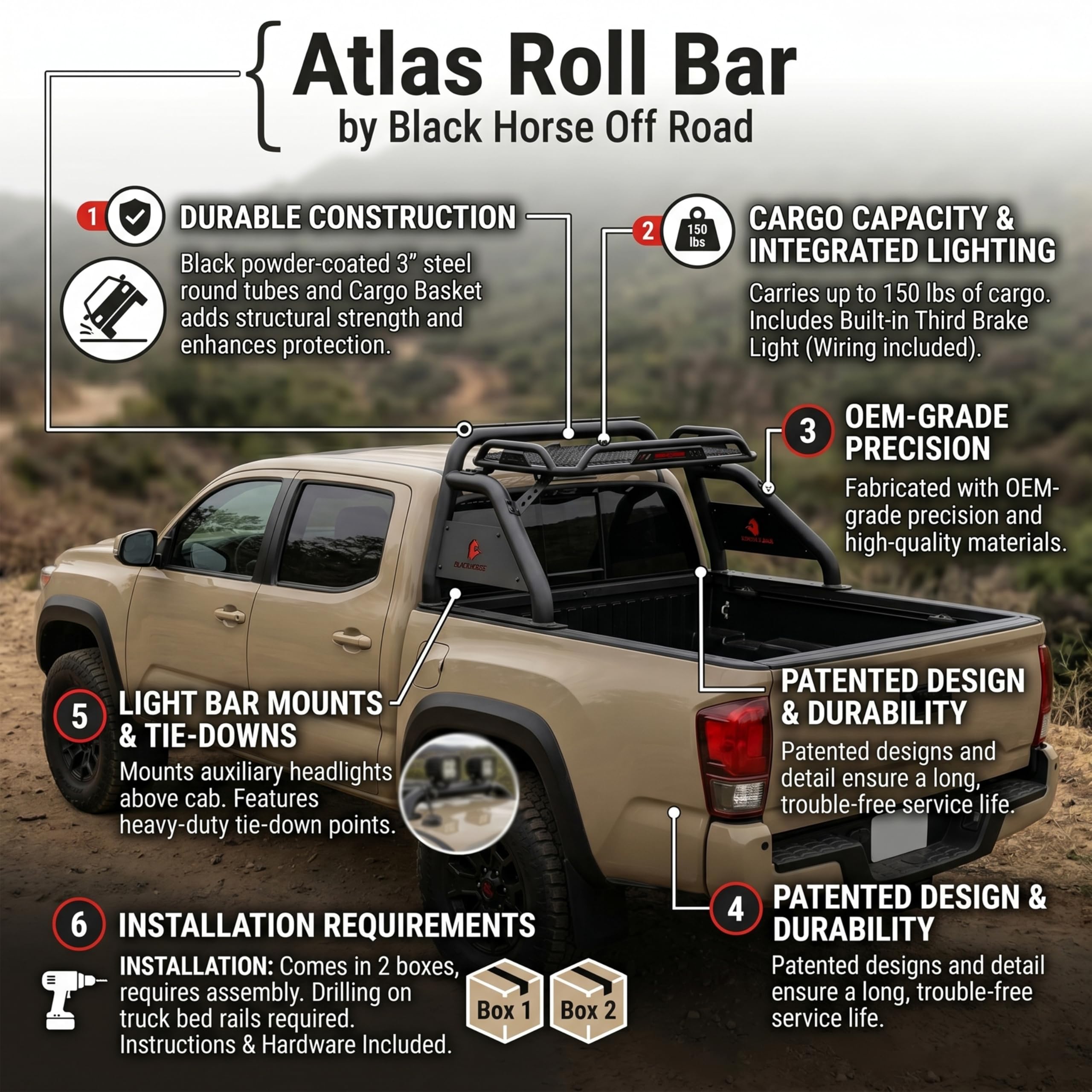 Amazon | Black Horse Atlas ロールバー ブラック 2015-2023 トヨタ