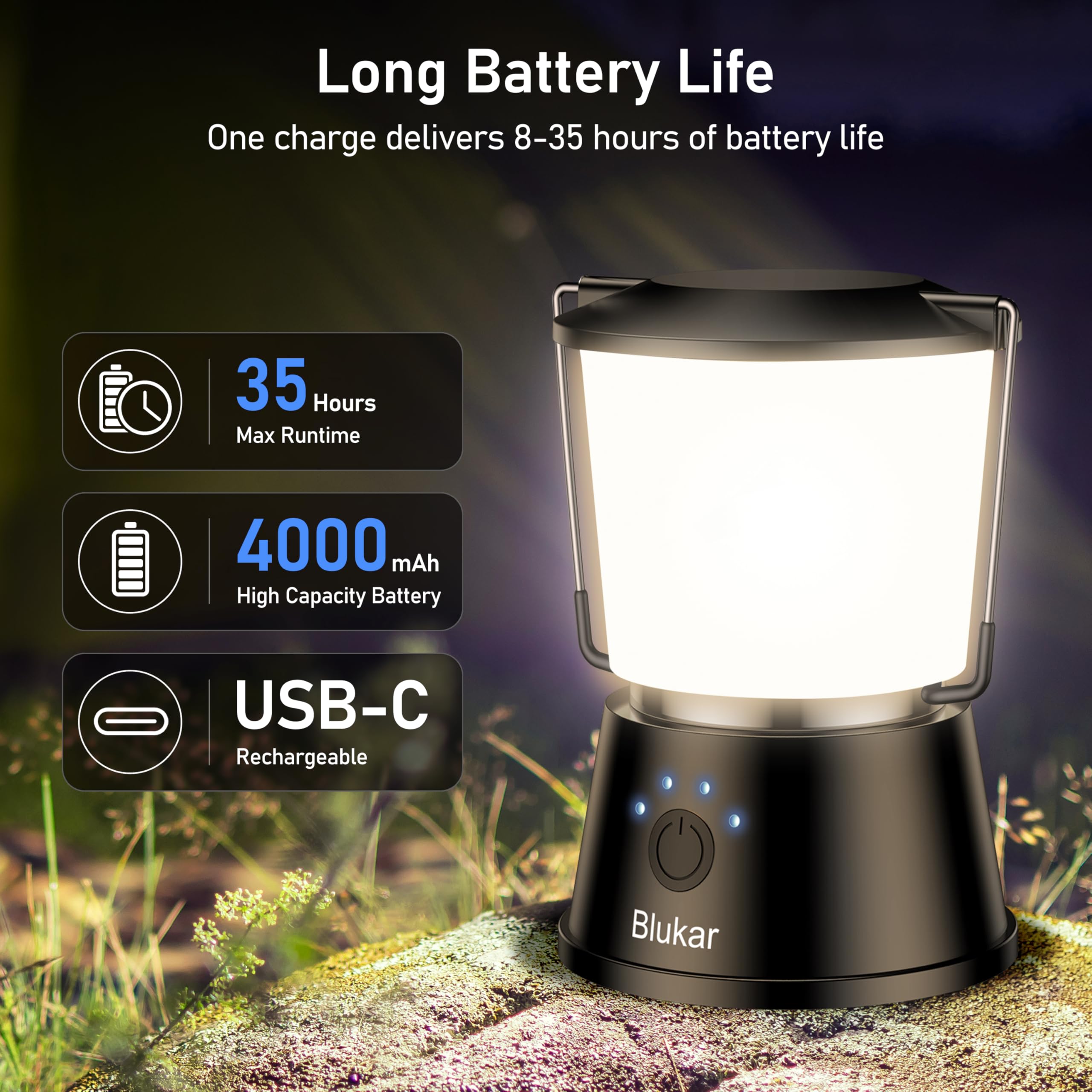 Blukar Lampada Campeggio Ricaricabile, 360° Super Luminoso LED Luce Campeggio Portatile, 5 Modalità, Lunga Durata della Batteria, Lampada per Tende per All'aperto/Emergenza/Interruzione di Corrente
