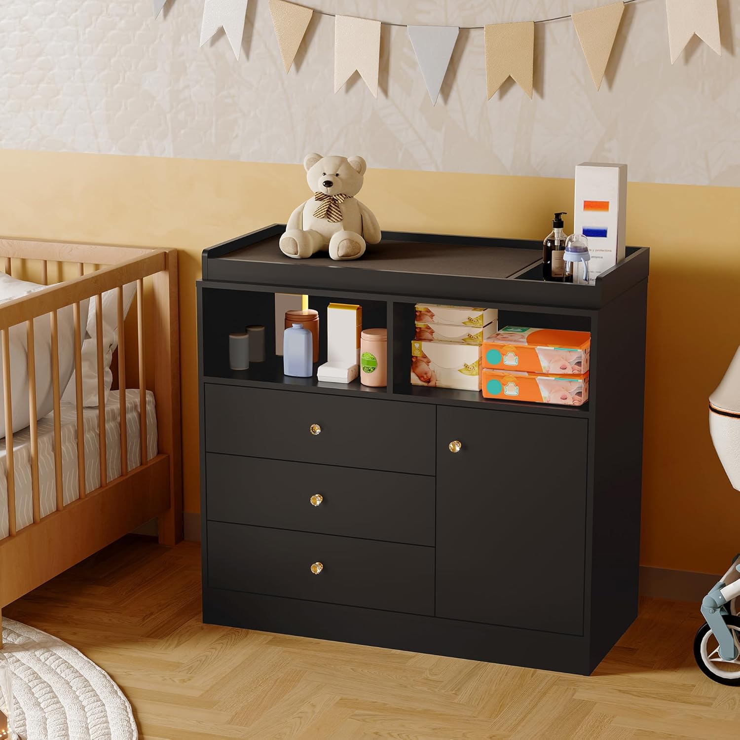 Baby Changing Table Dresser with Detachable Top, Wooden Diaper Station with 3 Drawers, 2 Shelves & Cabinet, Modern Nursery Dresser for Baby Room, Black