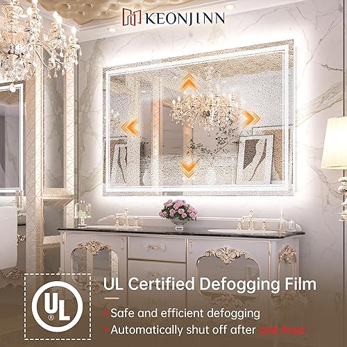 Miniatura 6 de Keonjinn Espejo de baño LED de 60 x 40 pulgadas con luz frontal y de fondo, vidrio templado sin escalones, 3 colores de temperatura y espejo de