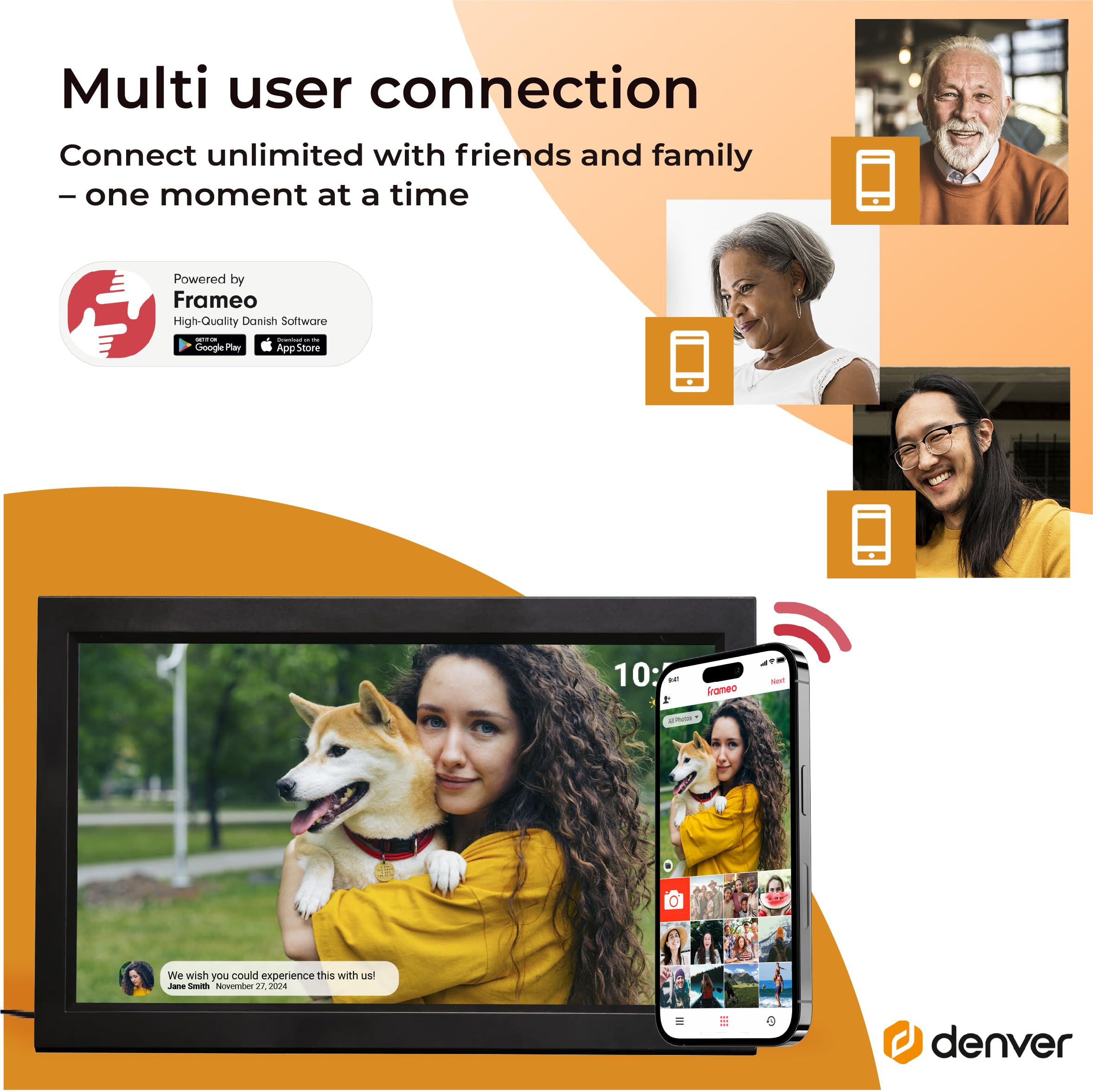 Denver Frameo Marco Digital WiFi 15,6 Pulgadas, Pantalla Full HD IPS táctil 1920 x 1080, 16 GB, App Frameo, Color Negro