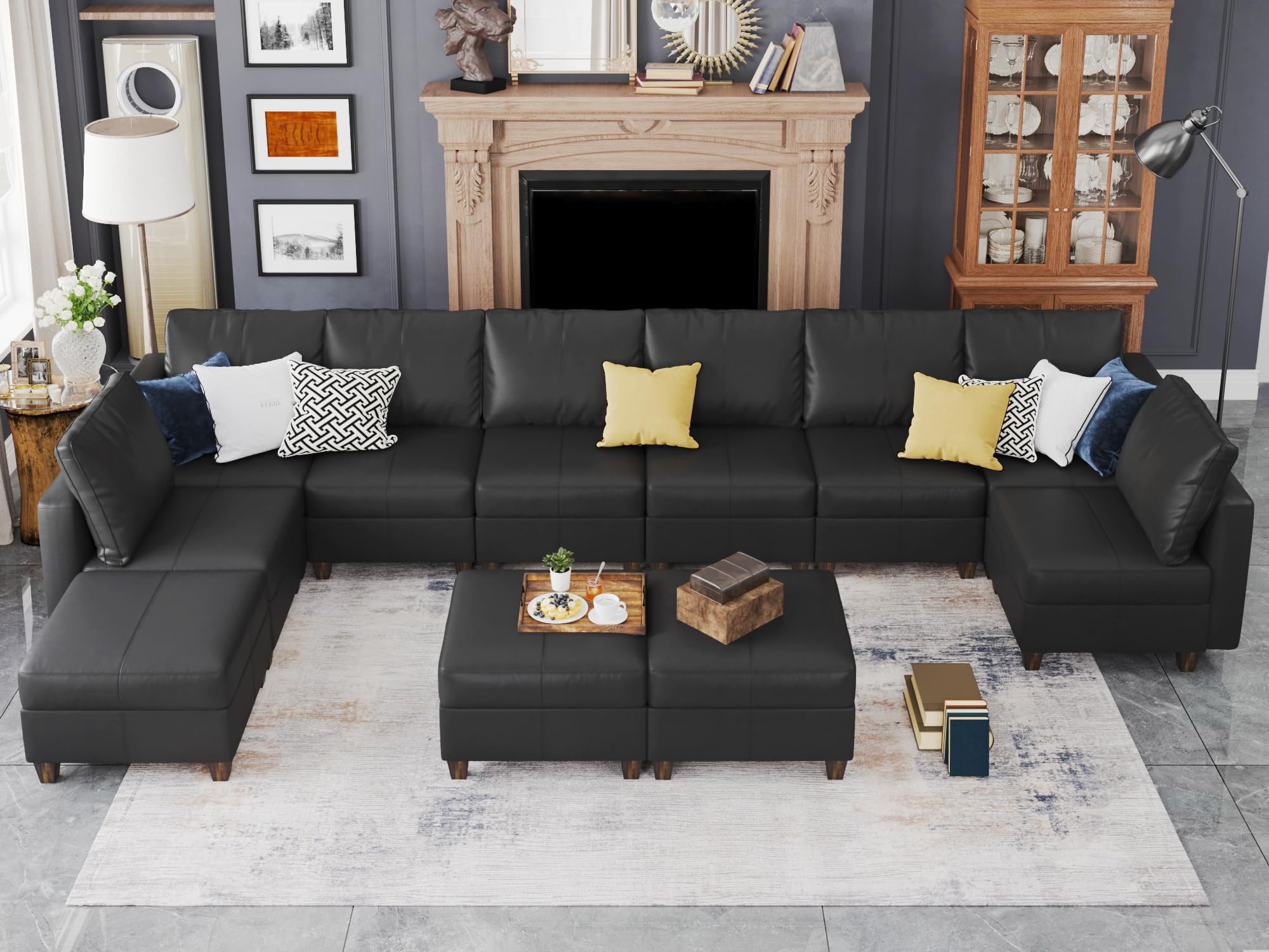 EASE MOOSE Modular Sofa with Storage Seat, Faux Leather Sectional Sofa Oversized U Shaped Sectional Couch Convertible Sleeper Sofa with Reversible