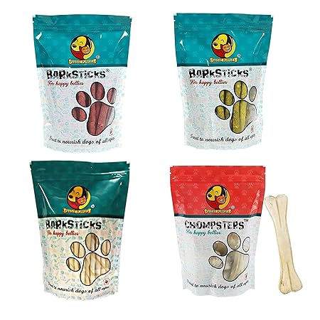 Foodie Puppies Snacks Combo Pack of Munchy Mutton, Chicken Barksticks, Twisted Sticks, and 6inch Chompsters Pressed Chew Bones Treats for Dogs & Puppies (Each, 500gm)