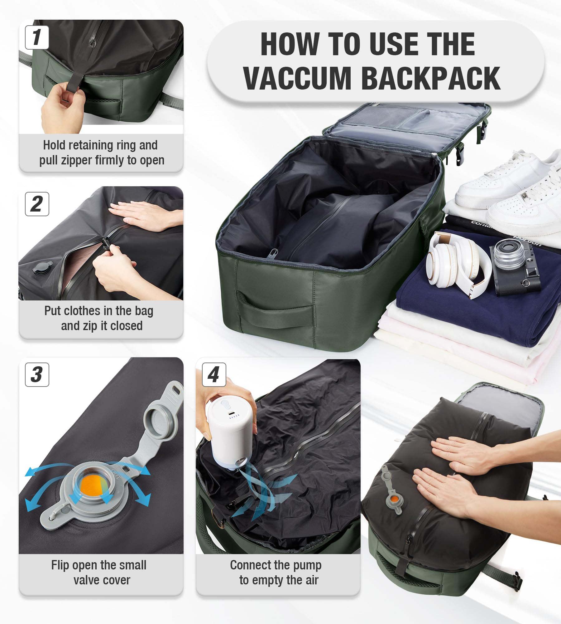 Zaino da Viaggio Grande Zaino Sottovuoto Con Pompa Donna da Escursionismo Sportivo da Esterno impermeabile Zaino Casual Laptop da 15.6 Pollici Borsa da Viaggio Uomo Verde