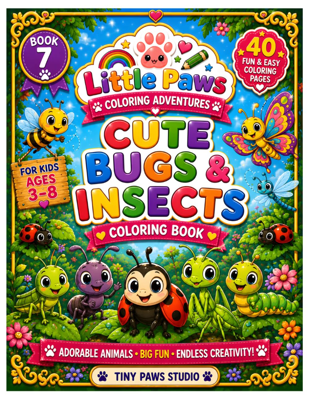 Cute Bugs & Insects Coloring Book: 40 Fun & Easy Bug & Insect Coloring Pages for Kids Ages 3–8 (Little Paws Coloring Adventure)
