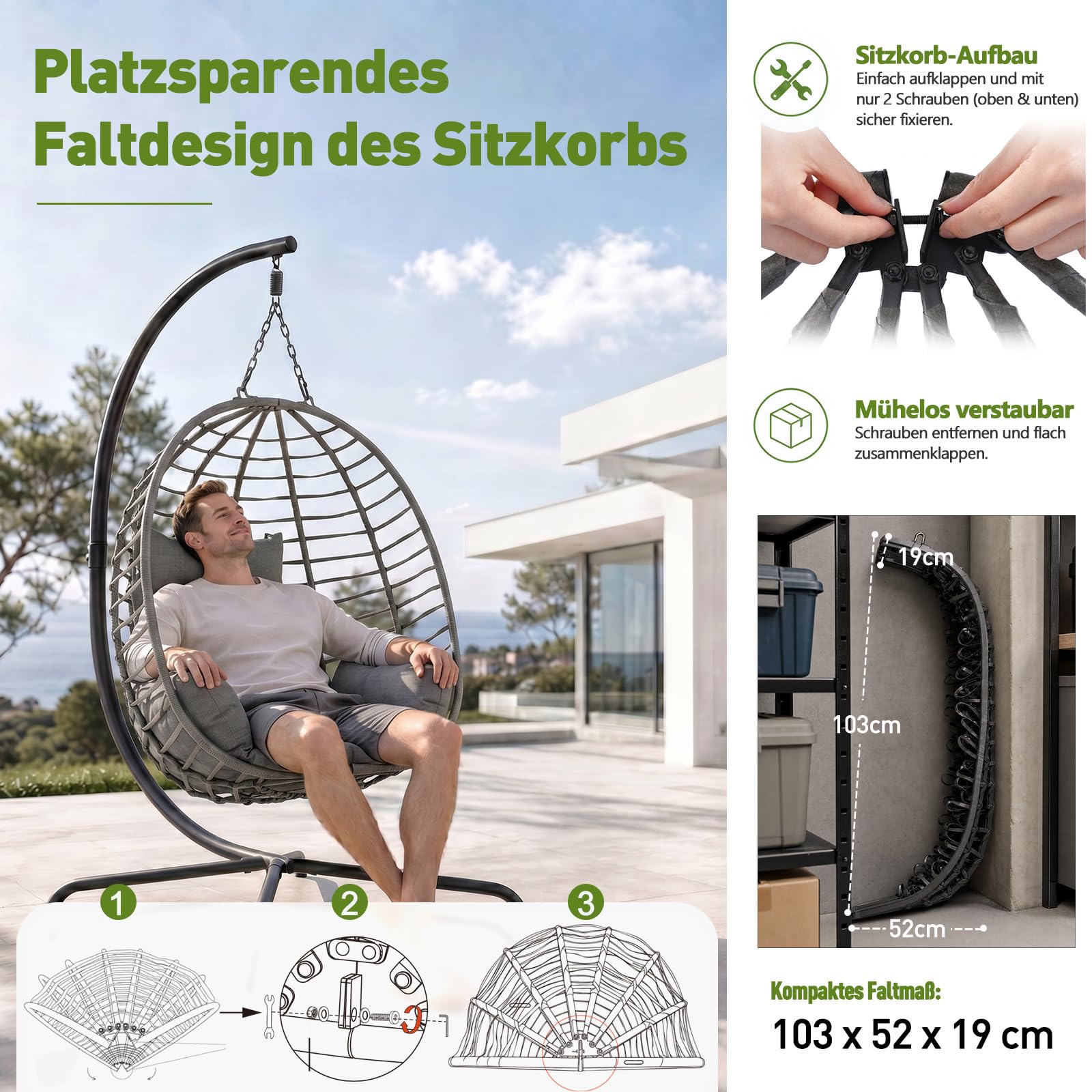 Sekey XXL Hängesessel mit Gestell, 93 cm Breiter Hängekorb mit Dickem Kissen (2 kg), bis 150 kg, Faltbarer Sitzkorb, 2-Punkt-Aufhängung & Kippsichere X-Basis, für In- & Outdoor, Balkon, Garten