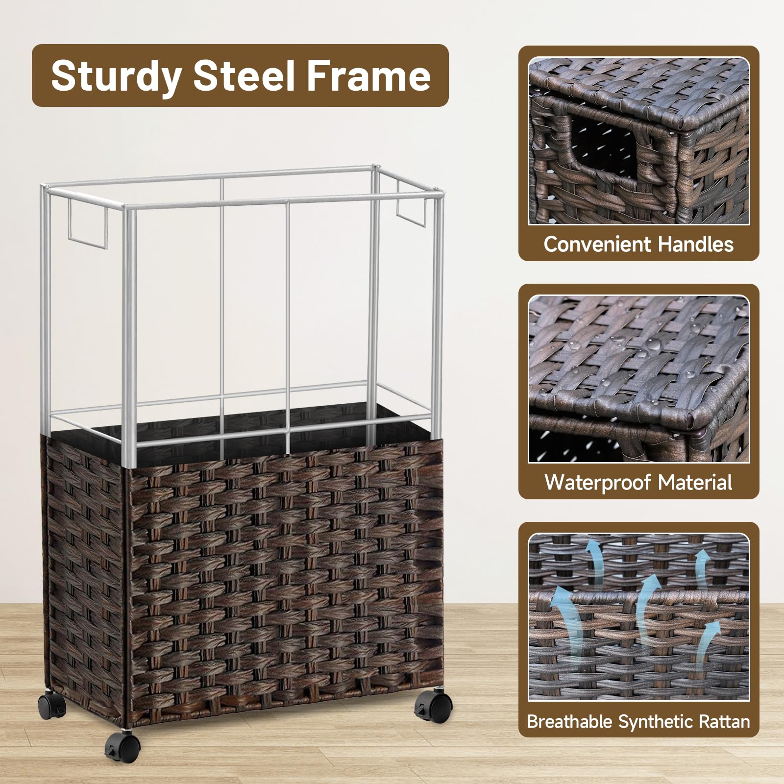 70L Slim Laundry Hamper with Lid & Wheels, 2-teiliger Rollwäschekorb mit 4 herausnehmbaren Auskleidungsbeuteln & 3 Netztaschen, schmaler schmutziger Wäschekorb, faltbarer handgewebter