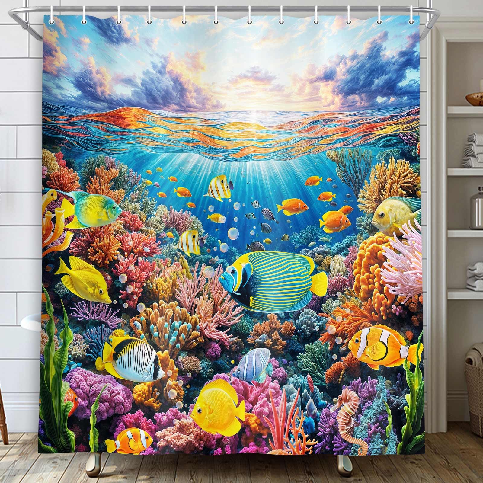 Blue Ocean Shower Curtain for Bathroom, Fish Underwater World Kids Bath Curtains with 12 Hooks Summer Tropical Colorful Coral Marine Life Shower Curtain for Children Sea Bathroom Decor,60X70IN