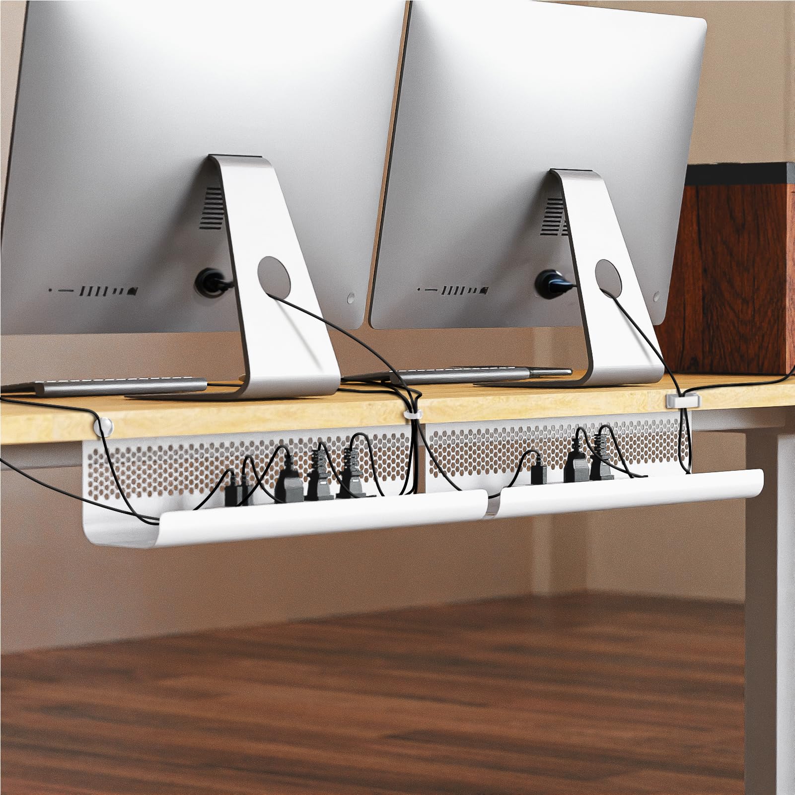 KHAMAL Juego de 52 bandejas de gestión de cables para debajo del escritorio, diseño hexagonal ventilado con clips de cables, bridas de alambre, soporte de cables y tornillos para oficina, hogar, 4