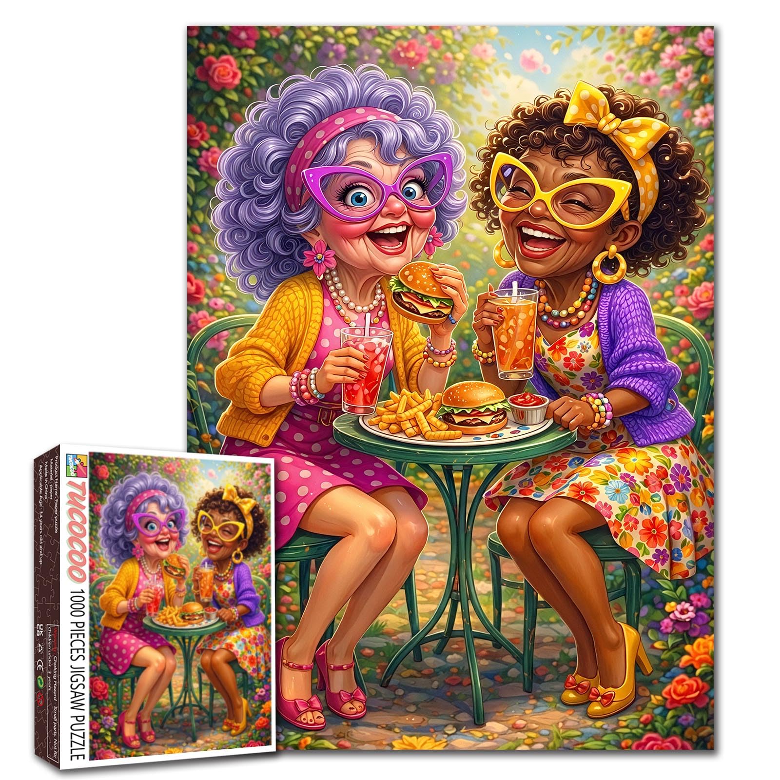 Elderly Women Friends Jigsaw Puzzle for Adults 1000 Pieces Grandma Enjoying Fast Food Puzzle Old Ladies Colorful Garden Outdoor Scene Puzzles Relaxing Family Activity Gift Home Decor 19.7 x 27.6 Inch