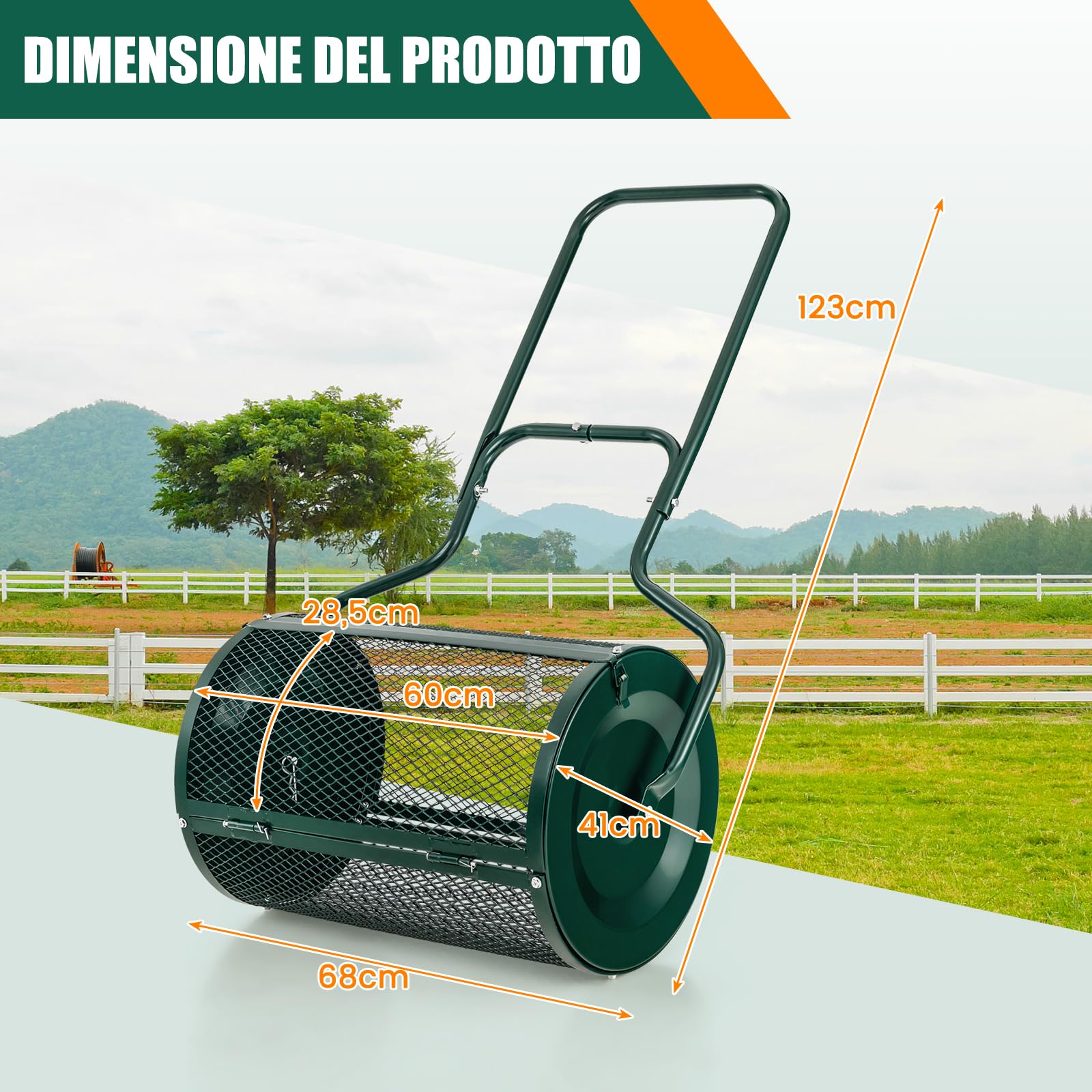 GYMAX Spandiconcime da 68 cm per la Cura del Giardino, Robusto e Leggero, in Metallo, con Doppie Serrature Laterali, Rullo Spargitore Fertilizzanti, Concime, Torba, Terreno, Muschio (Verde)