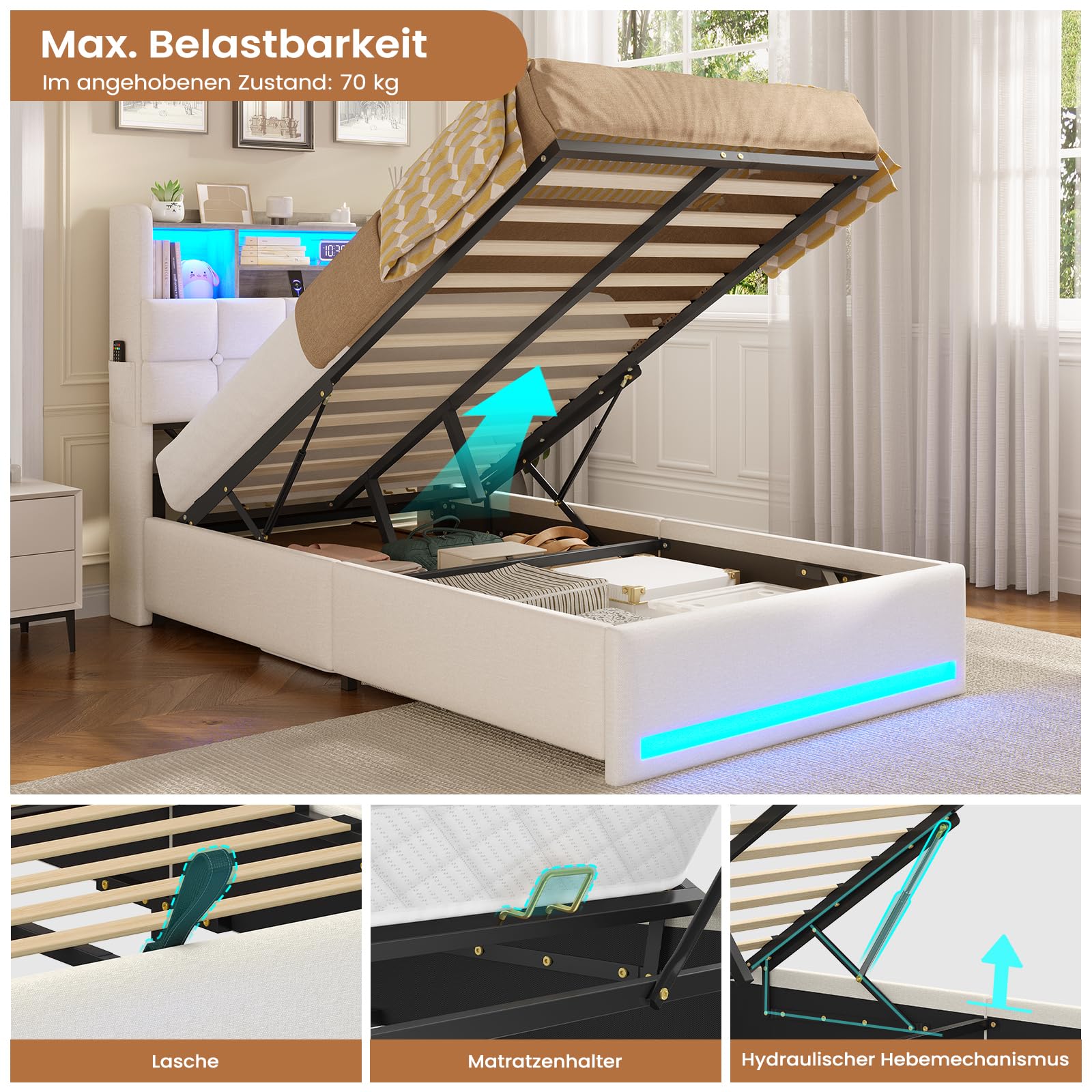 AOGLLATI Camas Individual 90x200 cm con Almacenamiento Hidráulico | Cama Canape 90x200 con LED y Estación de Carga, Somier Estructura Cama con Bolsillos Laterales, Base Cama, Lino Beige