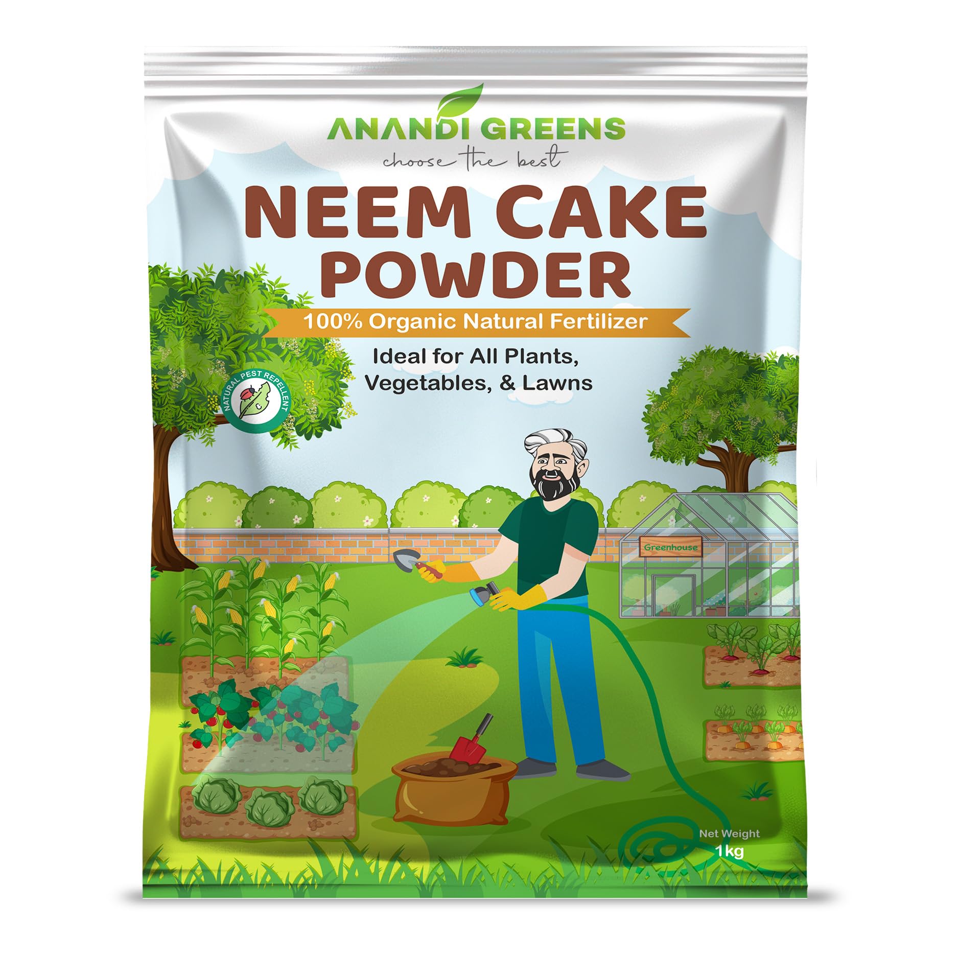 Anandi greens Organic Neem Cake Powder Fertilizer 100% Natural Fertilizer & Pest Repellent Improves Soil Health – Ideal for All Indoor & Outdoor Plants (1 kg)