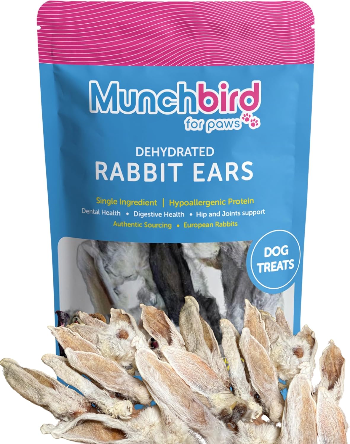 Munchbird Dehydrated Rabbit Ears for Dogs, Bulk, 35-45 Pieces, 10.5 oz, Natural Fiber