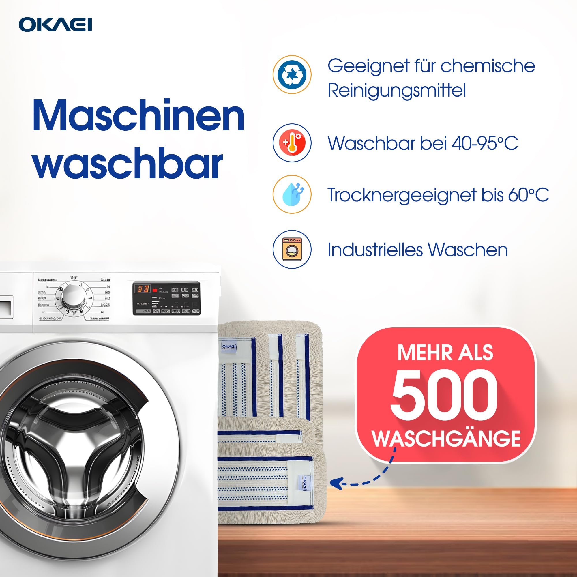 OKAEI Wischmop-Komplettset 50 cm – 5× Bezug Blau‑Weiß‑Beige + Klapphalter & Alu‑Teleskopstiel – Für Trocken‑ & Nassreinigung – Ideal für Haushalt & Gewerbe