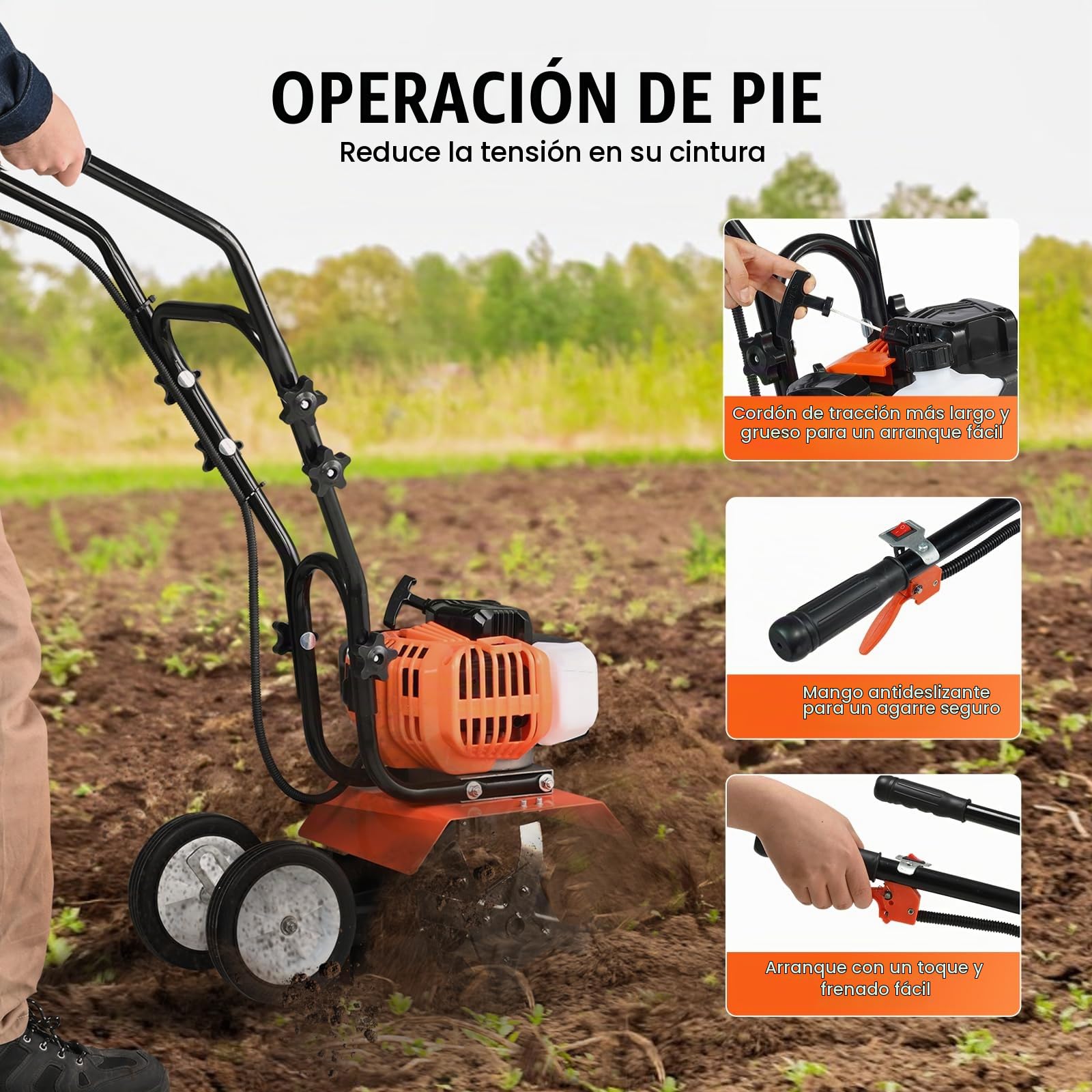VEVOR Motocultor Térmico con Motor de Gasolina de 43 CC de 2 Tiempos con 4 Púas Delanteras Ajustables de Acero Ruedas Grandes Fácil Instalación Cultivador de Tierra para Huerta, Jardinera, Campos