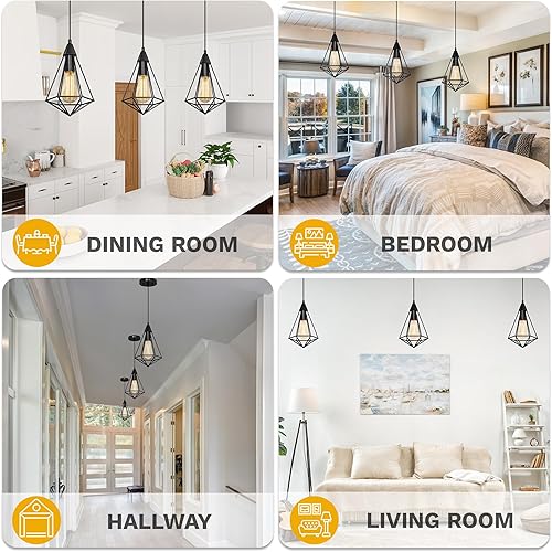 Miniatura 9 de DWVO Paquete de 2 lámparas colgantes, jaula de hierro de granja, línea de metal, lámpara de techo colgante con soporte para lámpara E26, adecuado