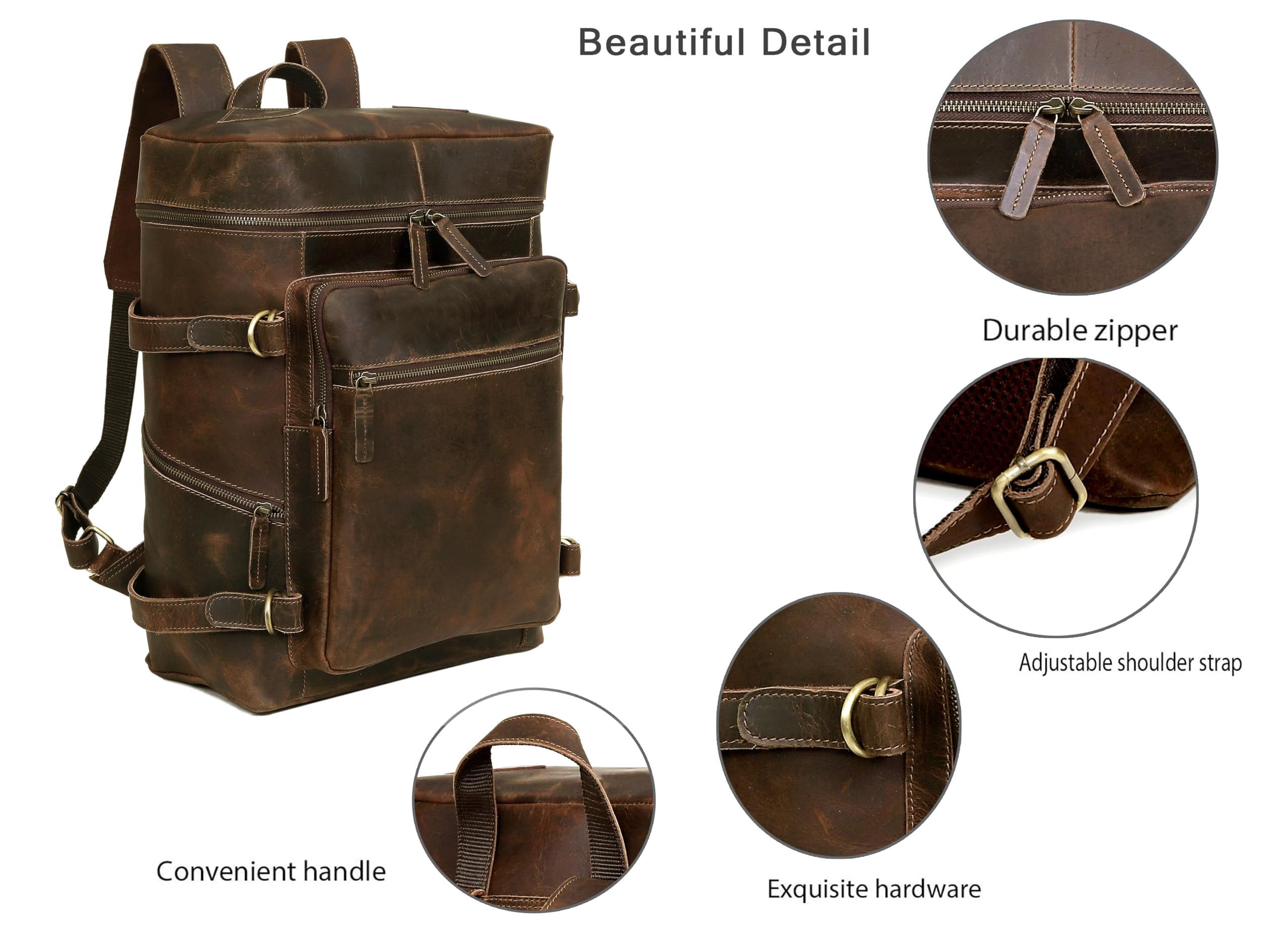 HLC Leather Brown Backpack For Men 17 Inch Genuine Laptop Backpack For Women Men Genuine Leather Backpack Vintage Large Capacity Business Retro Daypack