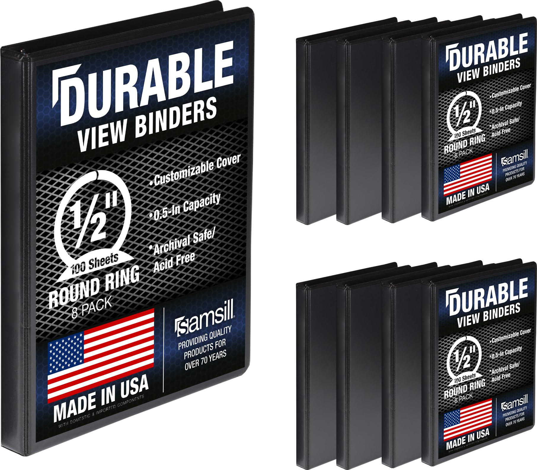 Samsill Durable .5 Inch Binder, Made in The USA, Round Ring Customizable Clear View Binder, Black, 8 Pack (S88410) โ image 1