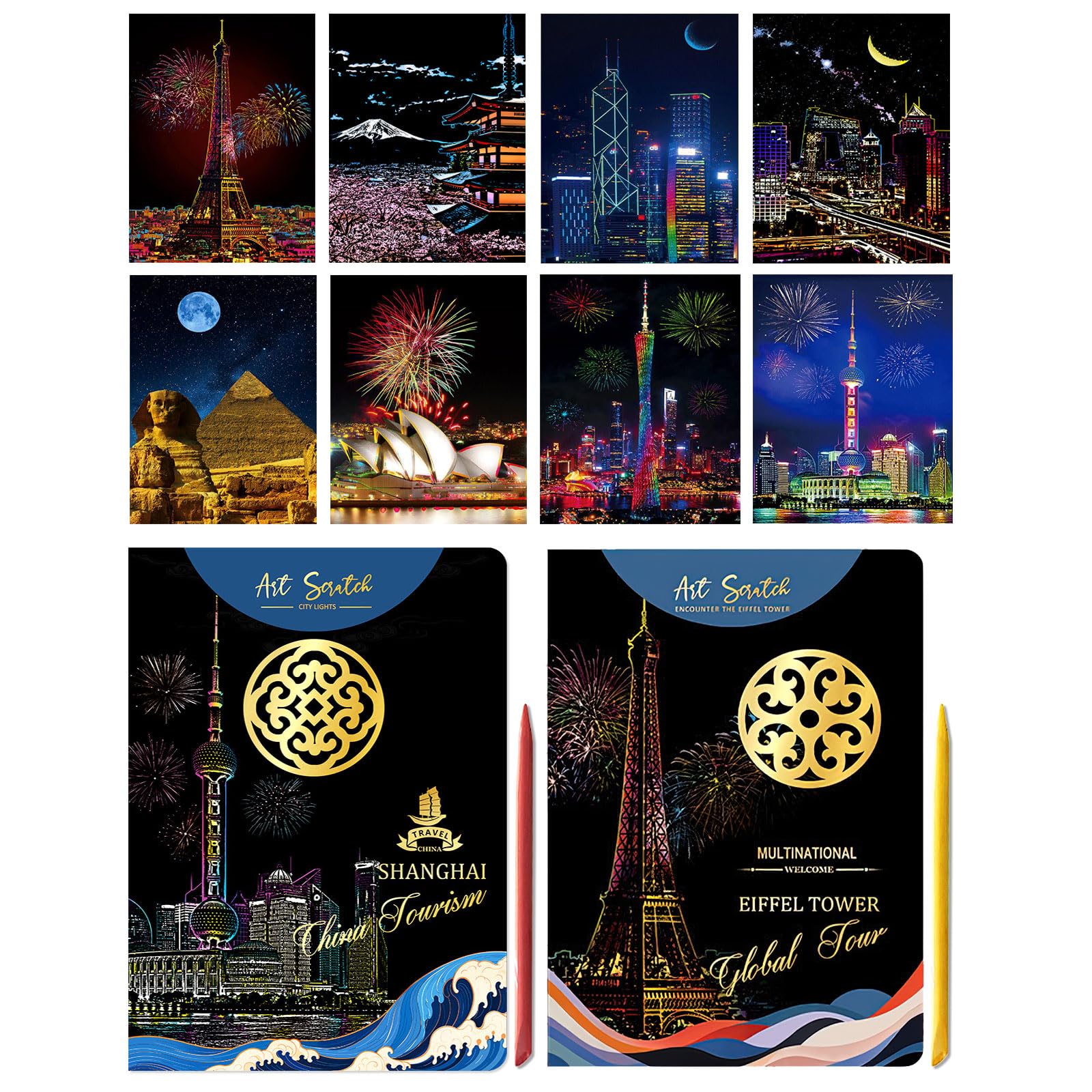 Rainbow Scratch Art Painting Paper for Adults & Teens,8 Sheets Scratch Cards City Night View Famous Buildings Scratchboard Set (Eiffel Tower,Pyramid,Sydney Opera House,Mount Fuji,Canton Tower)