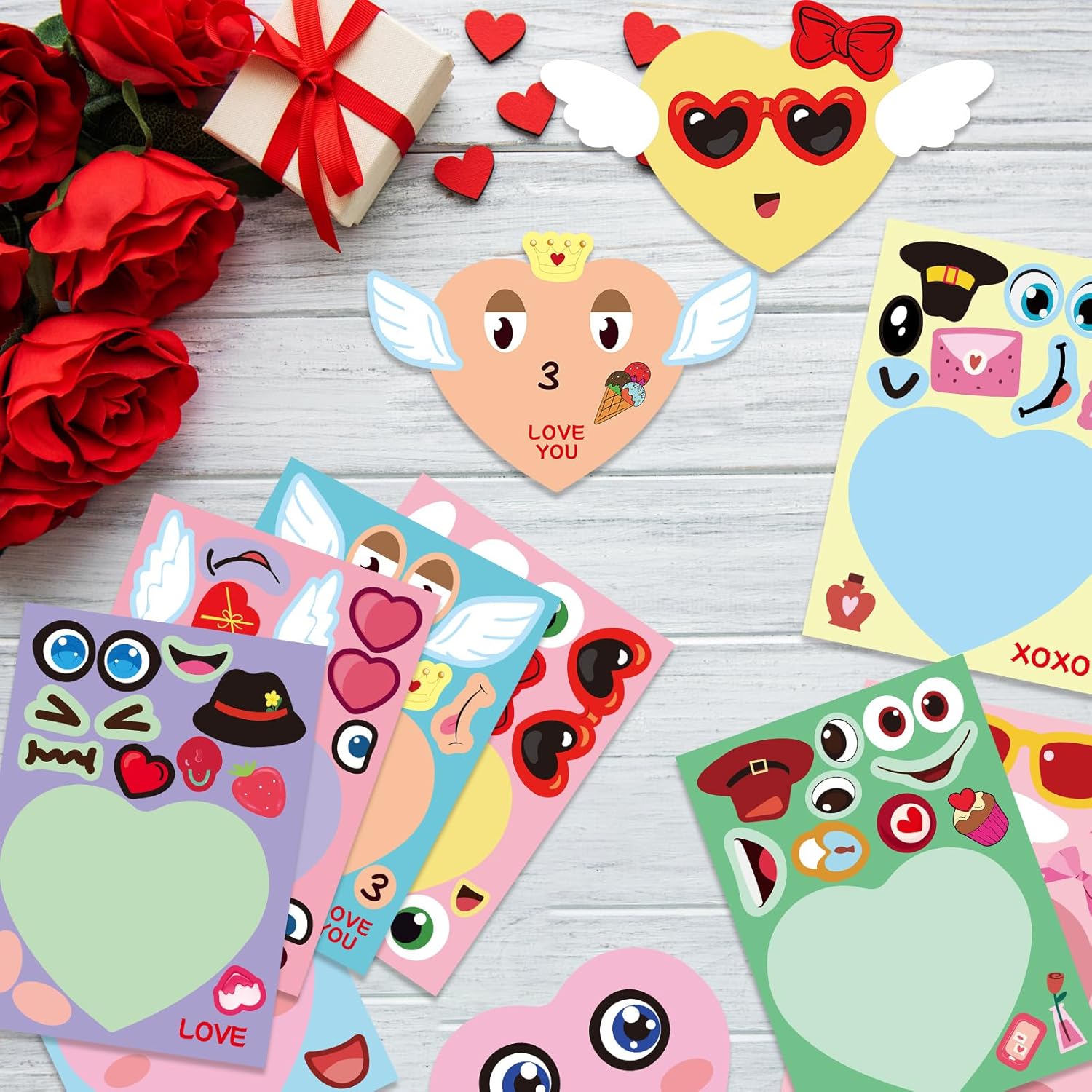 HOWAF Valentine's Day Stickers, 24 Sheets Valentines Conversation Heart Stickers Valentines Day Make a Face Stickers for Valentines Gift Goodie Bag Stuffer Supplies, Valentine's Day DIY Stickers