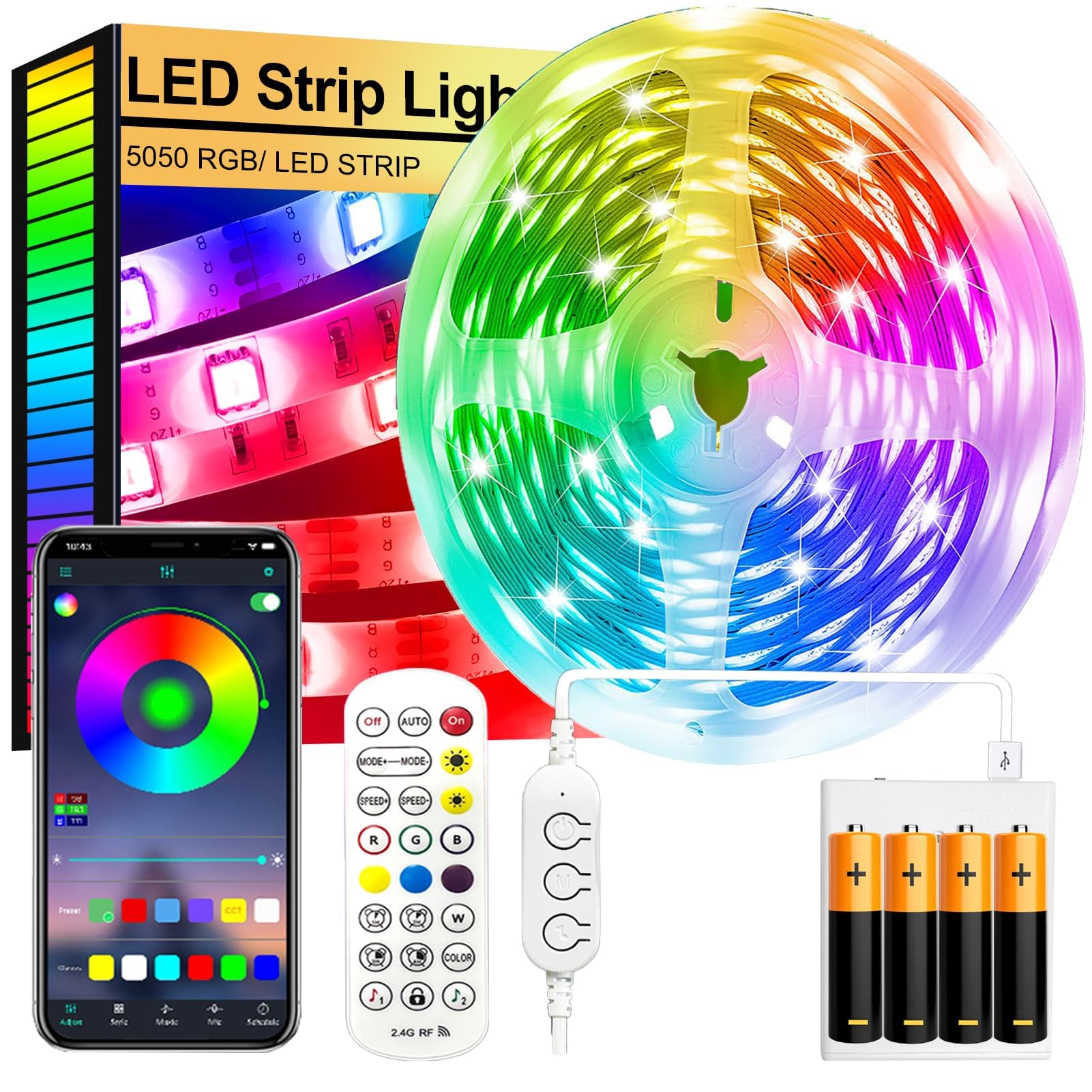 FUPT Led Strip Lights,5m Led Light Strips Battery Powered with App&Remote, Flexible 5050 RGB Colour Changing Led Lights for Bedroom,TV,Gaming Room Music Sync,Christmas,Halloween Decorations — image 1