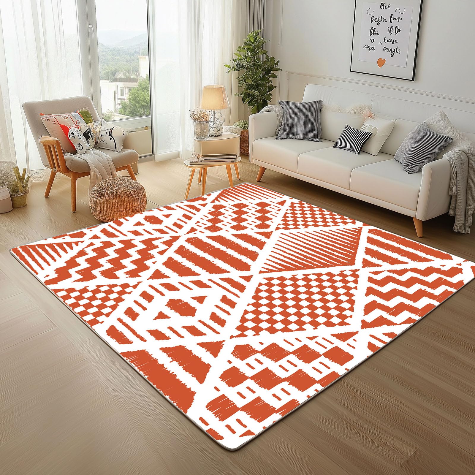 Rug chambre adulte moderne géométrique orange 160x230cm grand tapis salon rectangulaire