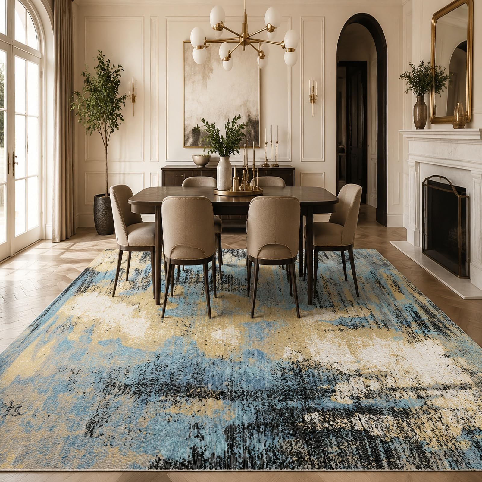 Tapis abstrait moderne bleu et jaune 200x300 cm pour grand salon