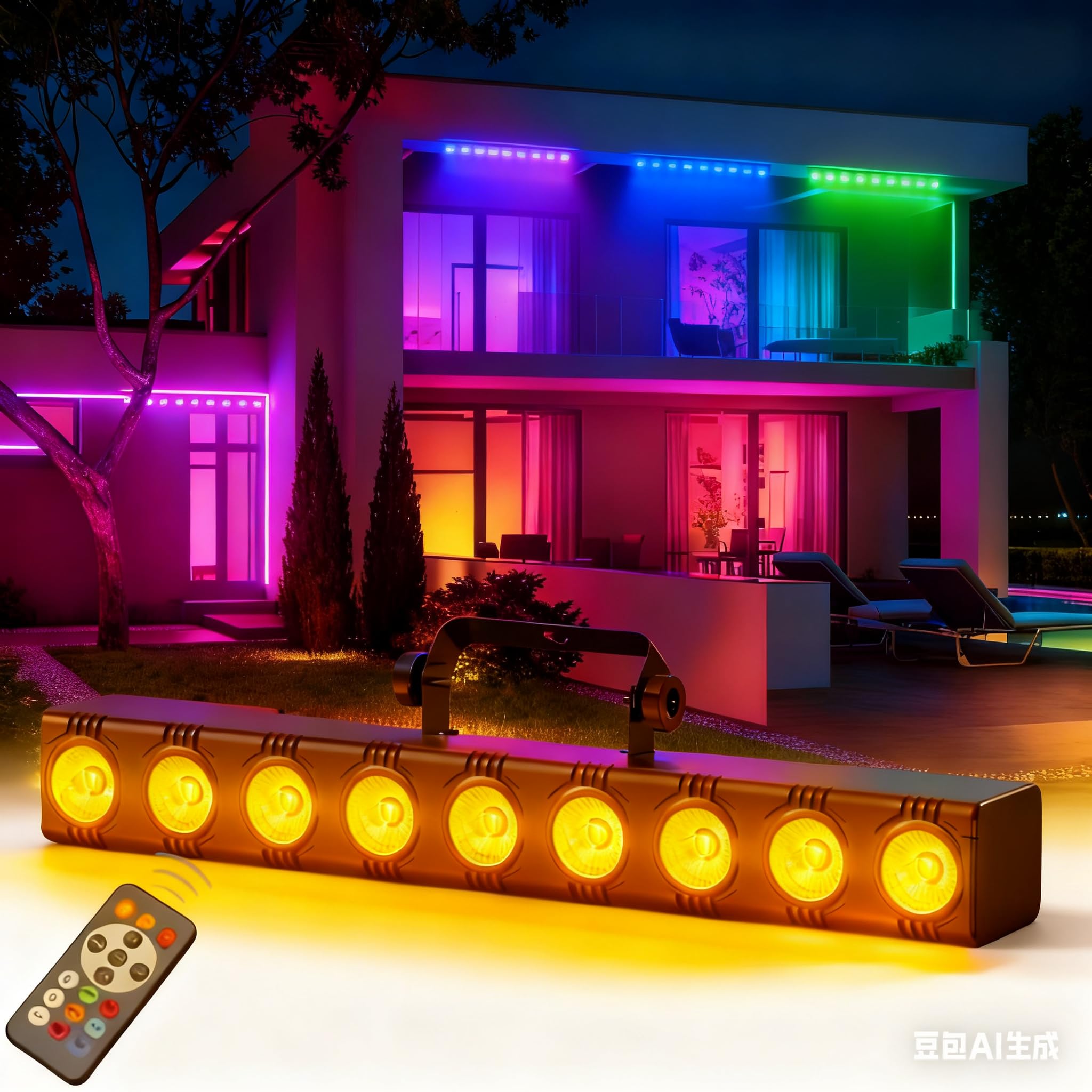 YXFAZPP 9 LED Wall Washer Light Bar, 30W RGBW DJ Stage Light Bar with Remote Control, Sound Activated, DMX, Master-Slave, Self-Propelled Uplights