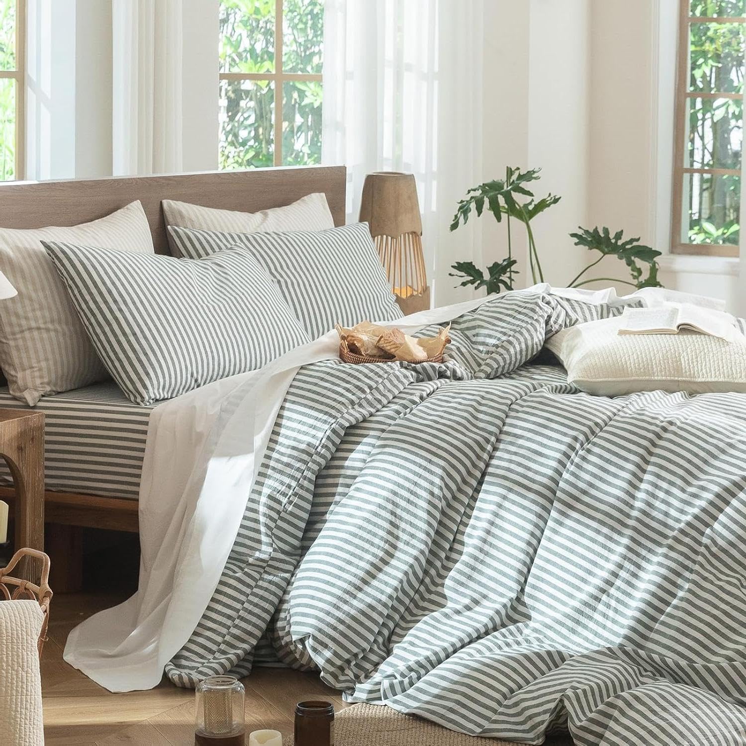 Lanqinglv Bettwäsche 155x220 Baumwolle Gestreift Grün Weiß,100% Renforce Baumwolle Bettwäsche Set mit Reißverschluss,ÖKO-TEX Bettwäsche für Allergiker Geeignet,1 Bettbezug & 1 Kissenbezug 80x80 cm