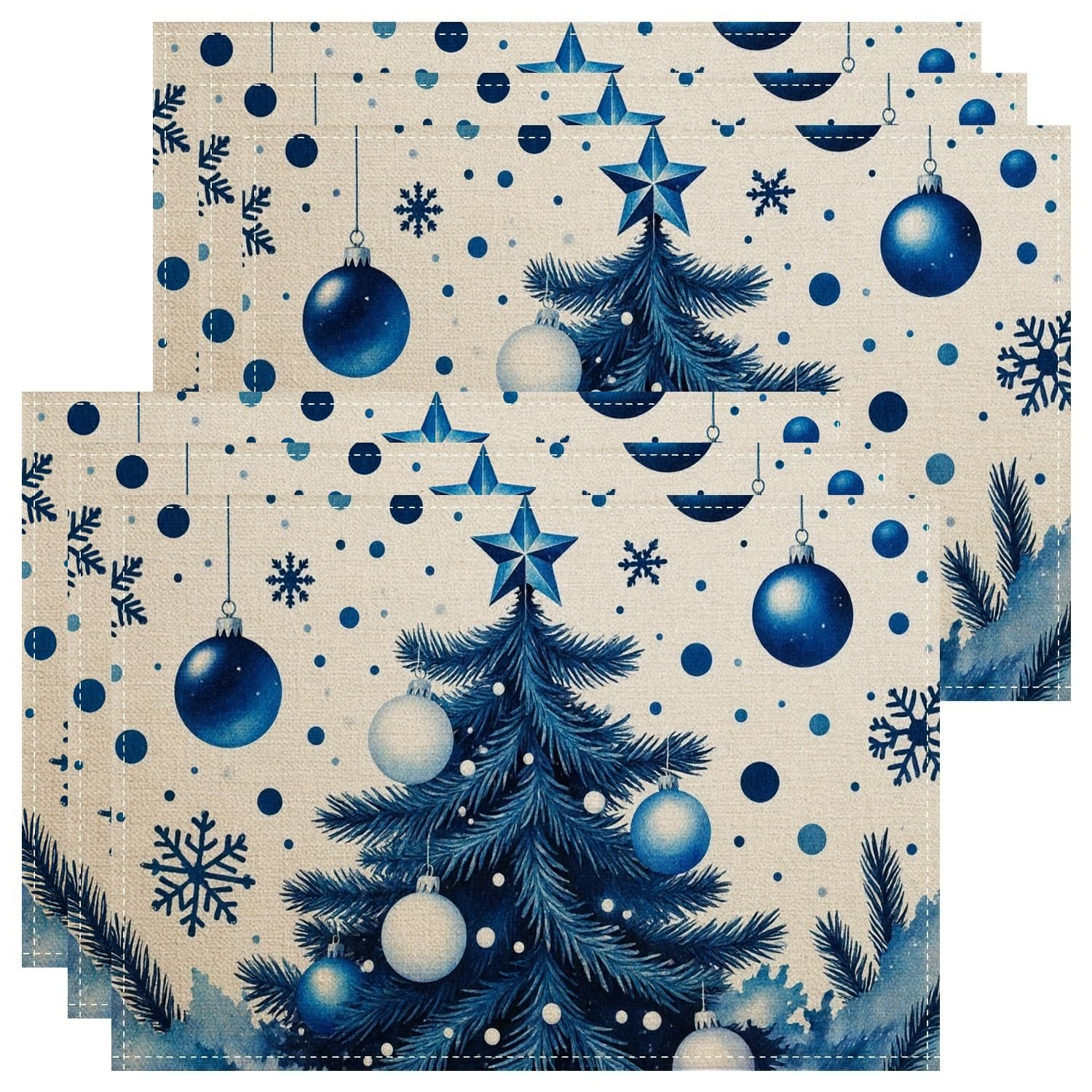 Christmas Blue Tree Placemats, Holiday Snowflake and Ornament Place Mats for Dining Table, Non-Slip Washable Indoor Outdoor Decorative Placemat Set of 6
