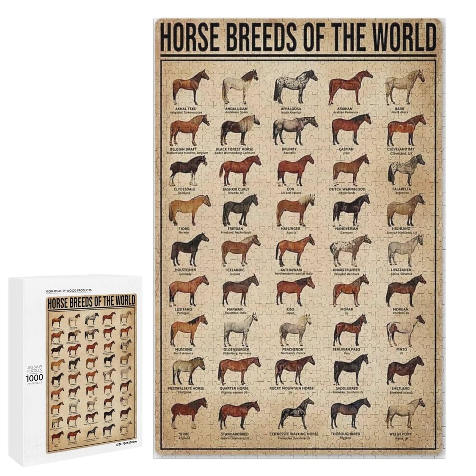 Jigsaw Puzzles 1000 Pieces for Adults, Horse Breeds of The World Puzzle, Fun Oil Painting Knowledge Puzzles for Education & Relaxation, Brain IQ Developing, Funny Woodiness Puzzles for Christmas