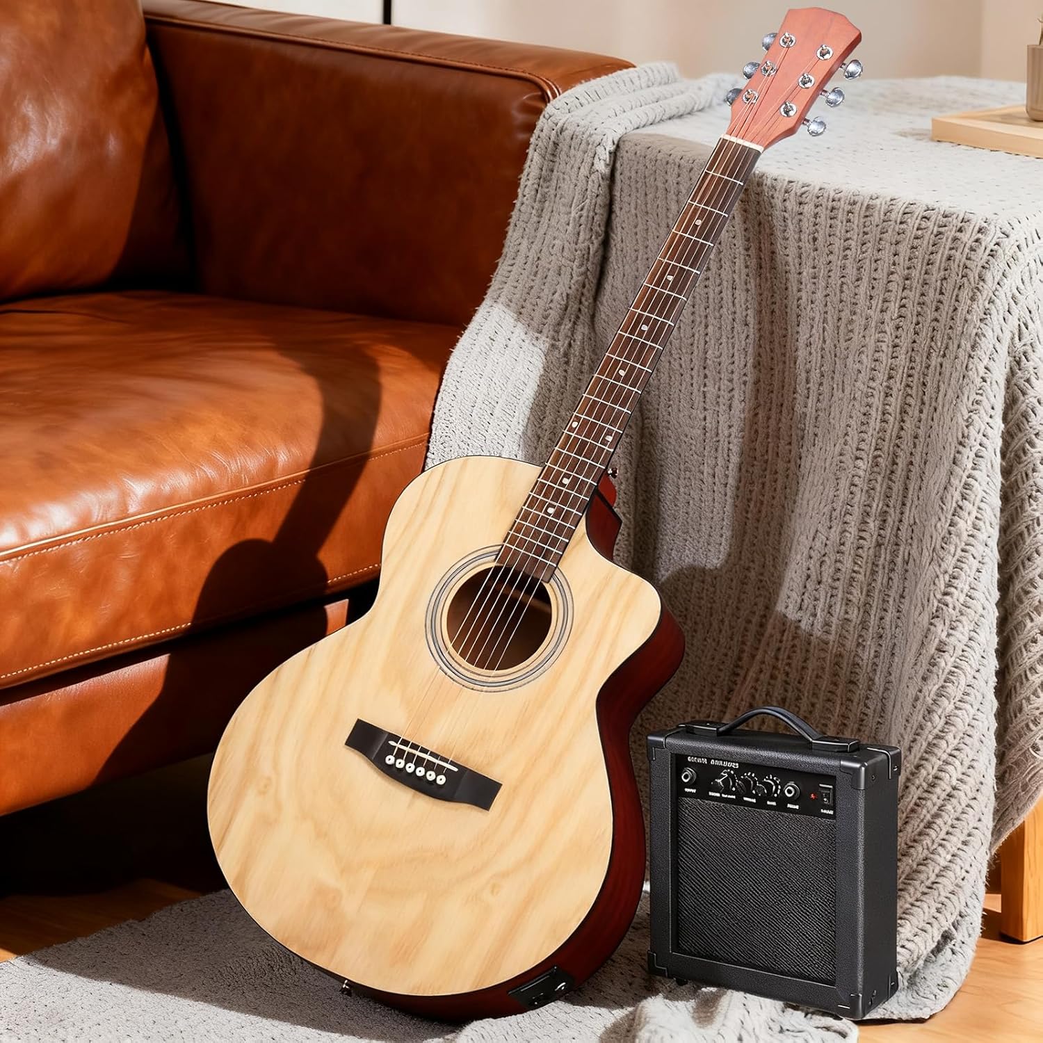 Ktaxon Full Size Acoustic Electric Guitar with 15W Amp, 41 Inch Wood Body Adults Guitars Beginner Kit W/Gig Bag, Strap, Picks & Capo, Natural