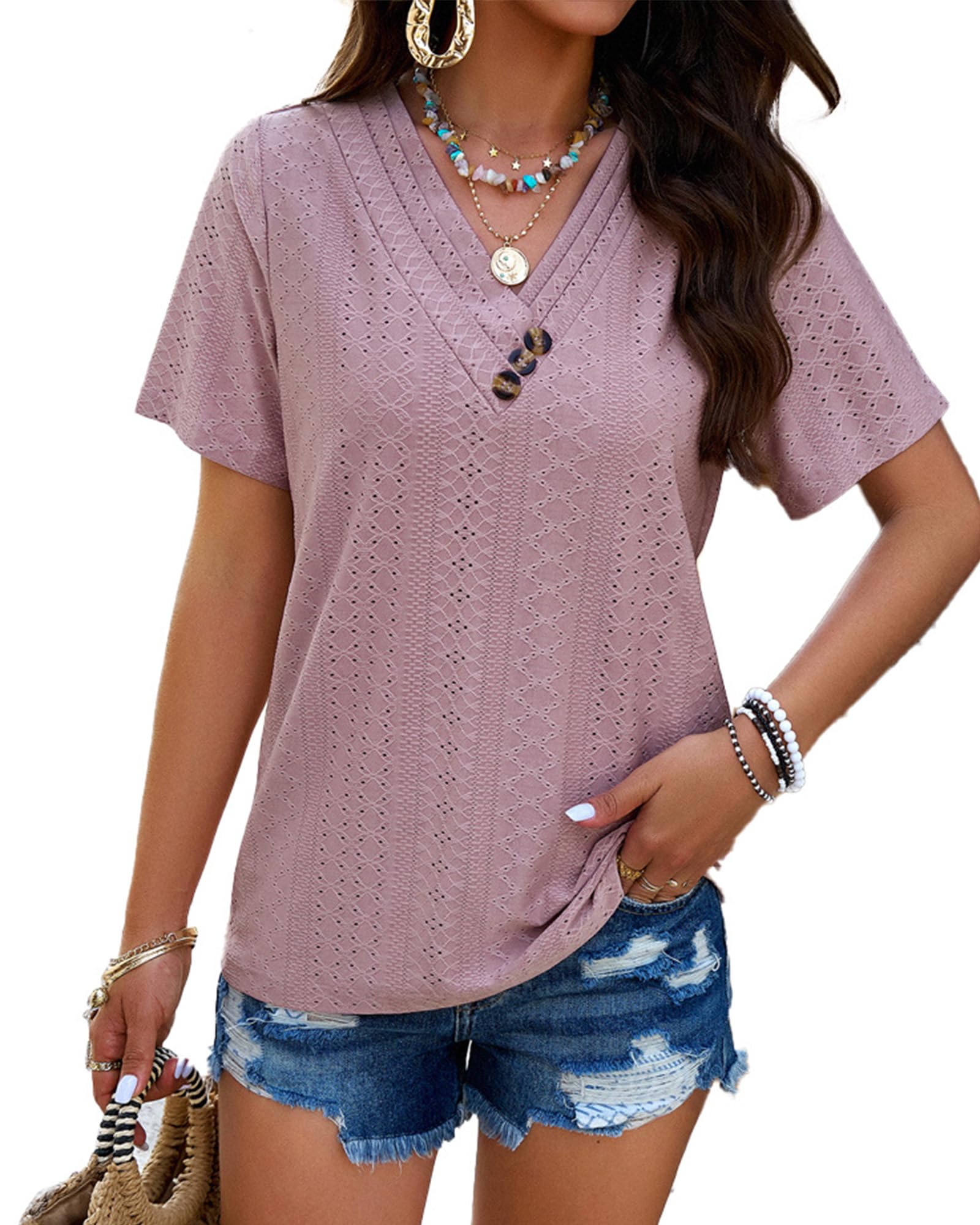 Tunika Damen Sommer Elegant Bluse Kurzarm Leicht Lose Basic T-Shirt mit V-Ausschnitt Festliche Oberteile Schickes Shirt mit Lochstickerei