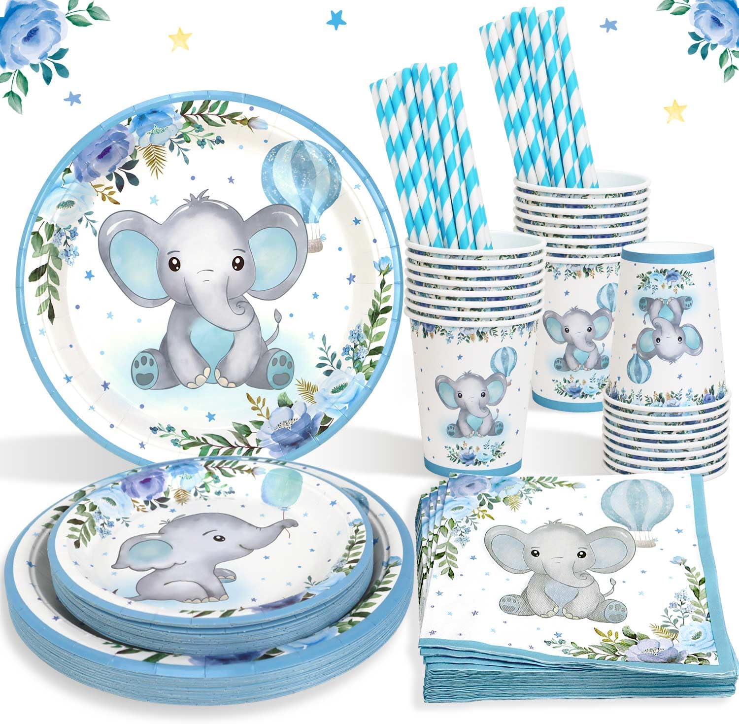 Baby Boy Baby Shower Decorations Paper Plates for 25 Guests, 125pcs Blue Elephant Baby Shower Plates Cups and Napkins for Boys Baby Baptism Decorations Supplies