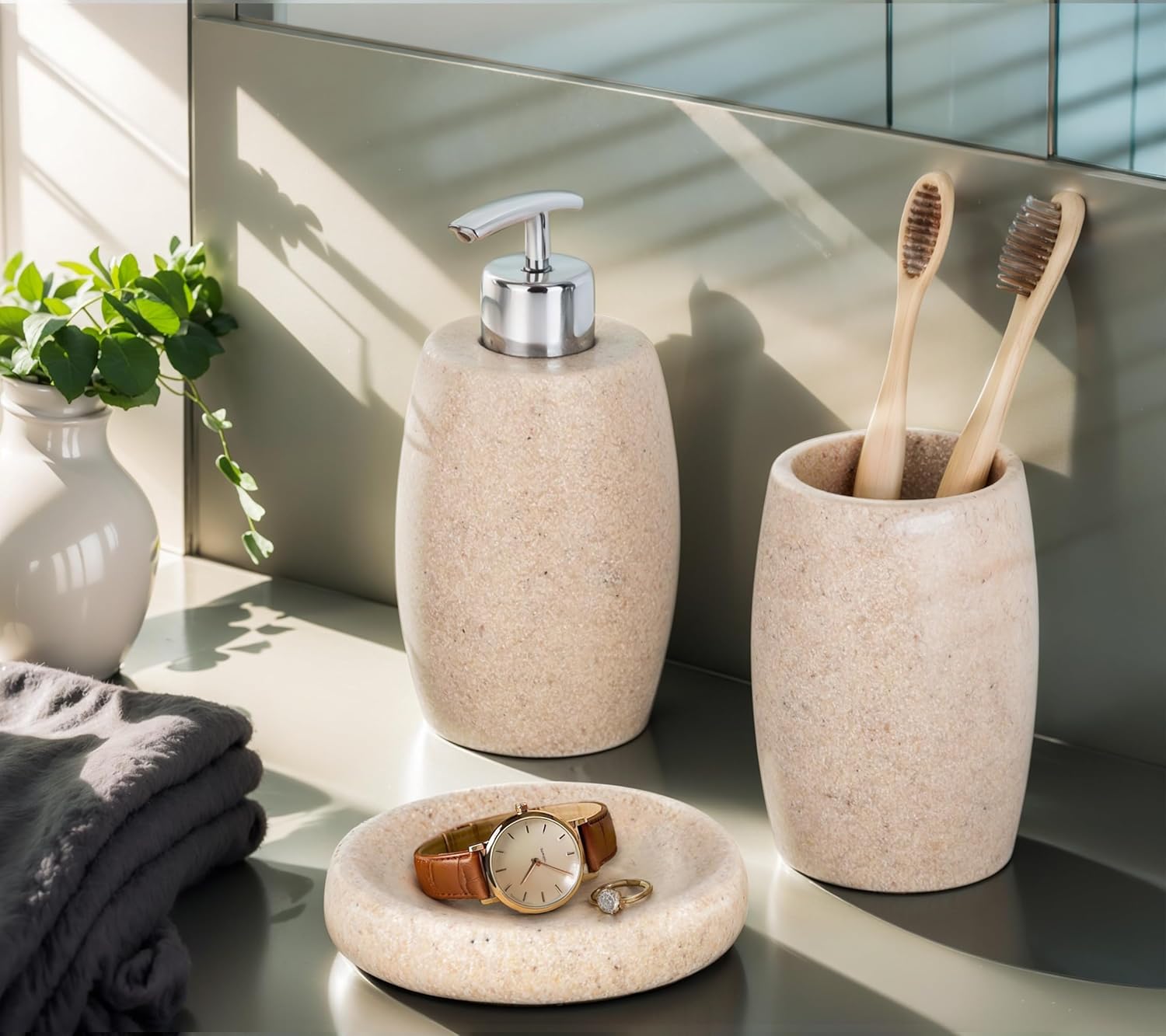 Clasin Home Beige Bathroom Accessories Set 3 PC, Resin Sandstone Look Soap Dispenser, Toothbrush Cup, Soap Dish, Bathroom Soap Dispenser Set for Home Decor and Kitchen