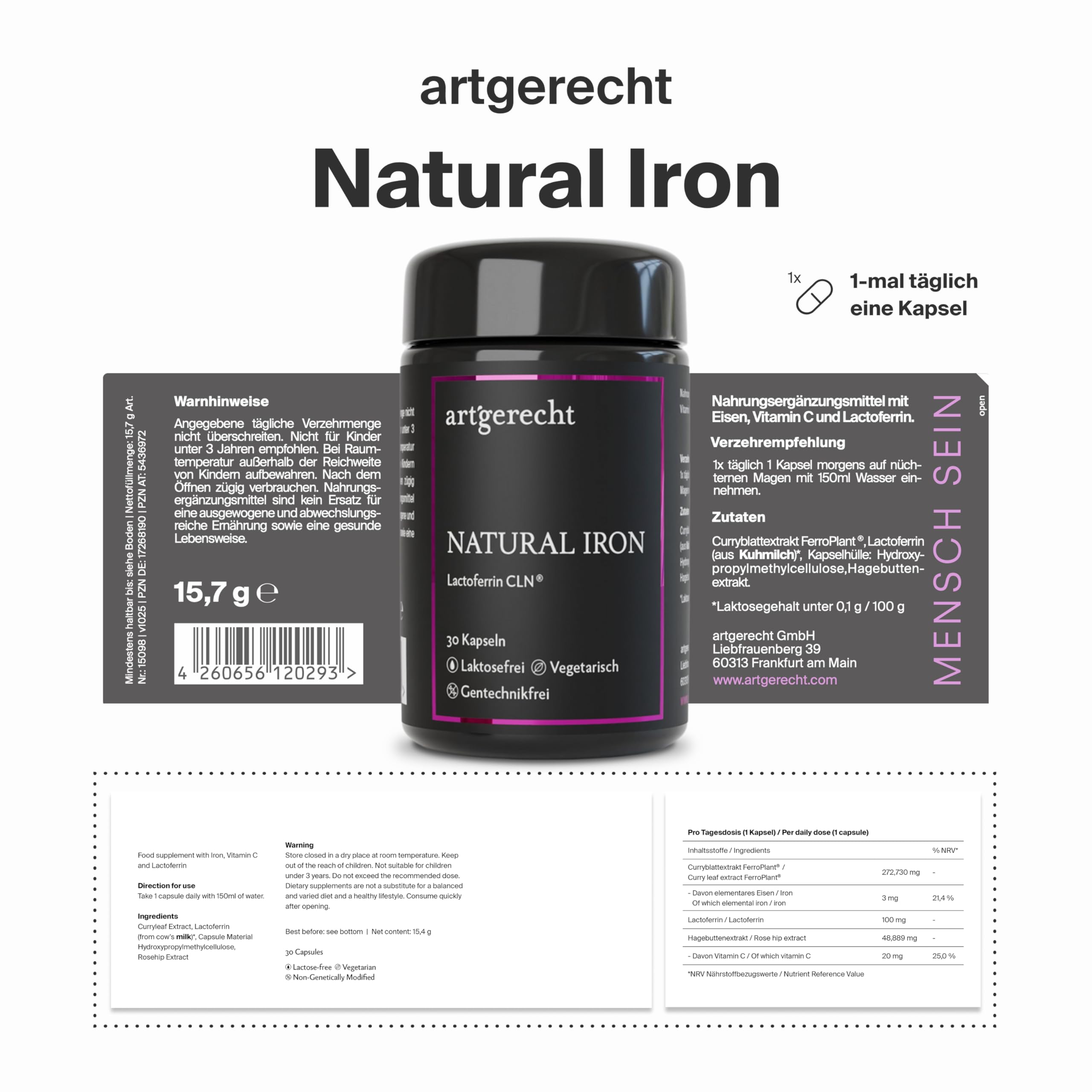 Natürliches Eisen mit Lactoferrin CLN® & Vitamin C | 30 Kapseln | optimale Eisenaufnahme & gute Verträglichkeit | Eisenpräparat bei Eisenmangel | Ohne künstliche Zusätze | NATURAL IRON