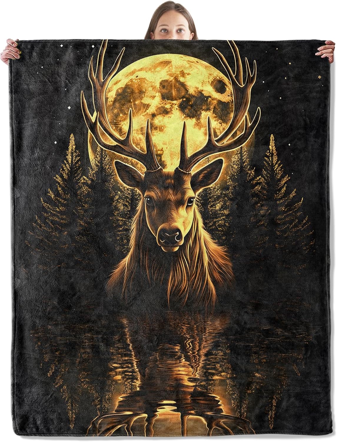 Retro Moonlit Deer Blanket, Cozy Wildlife Throw Blanket for Couch Bedroom Outdoor, Lightweight Soft Flannel Travel Blankets, Gifts for Men Boys and Animal Lovers, Home Cabin Decor 50"×60"