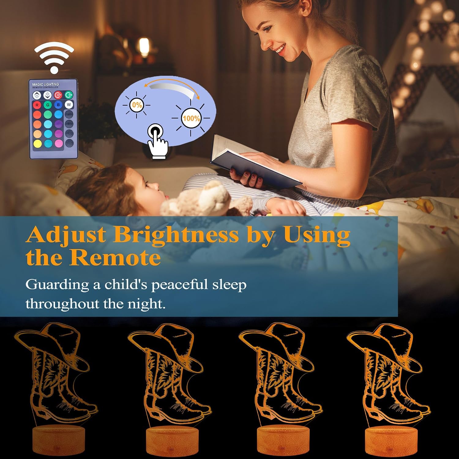 Cowgirl Night Light, Cowboy Gifts, 3D Illusion Night Light with 16 Colors Changing, Remote Control with Timer, Kids Room Decoration for Holiday Birthday Christmas