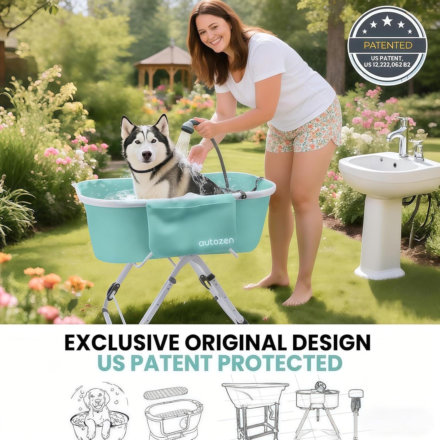 Portable Dog Bathtub 5 Height Adjustable Dog Washing Station Foot Pedal & Button Lift 600D Waterproof Foldable with Drain Hose Safety Leash for Large Dogs Cats