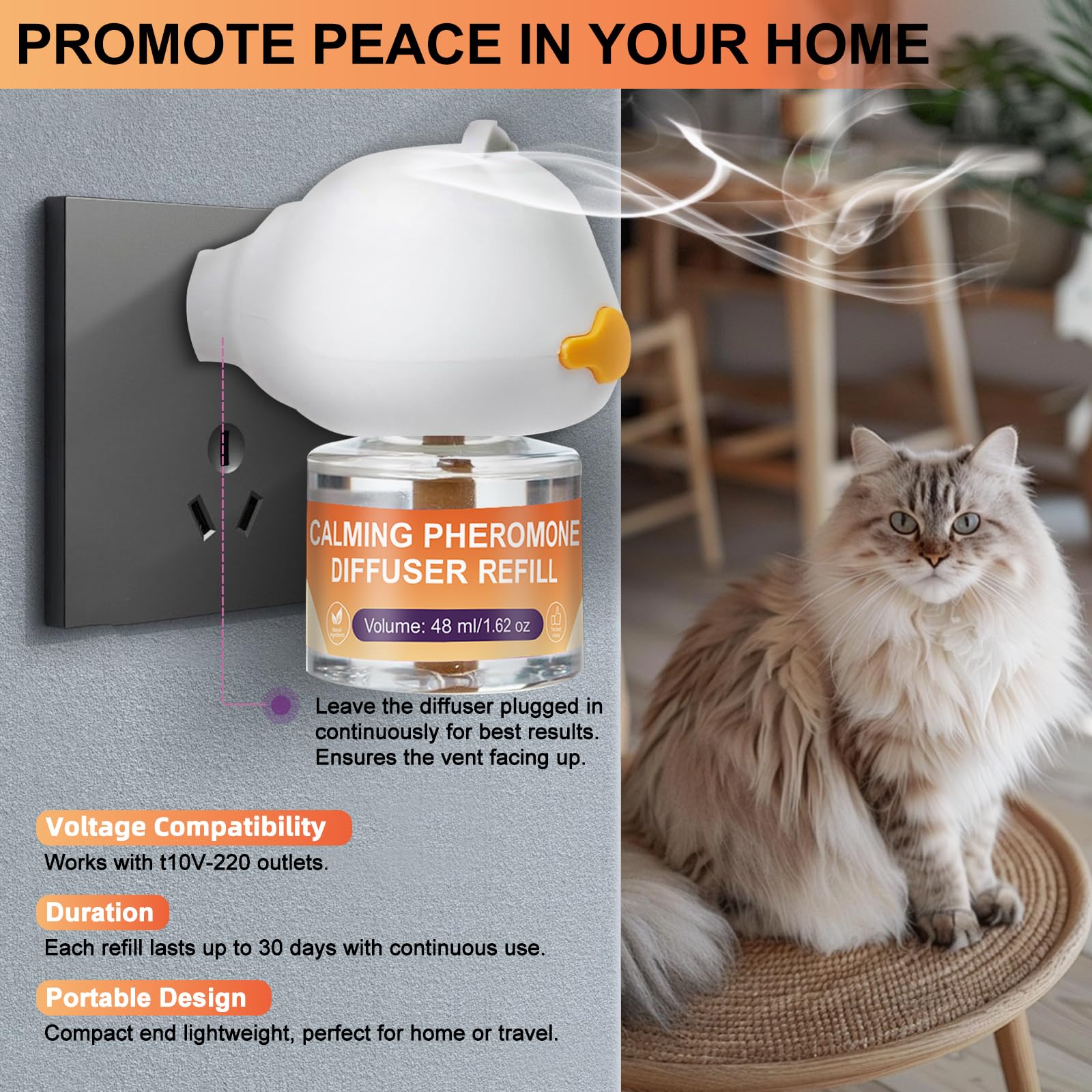 Ensemble diffuseur de phéromones apaisantes pour chat – 4 recharges de 48 ml + 1 diffuseur | Solution anti-stress pour chats | Soulage l'anxiété et favorise le calme (jaune, S)